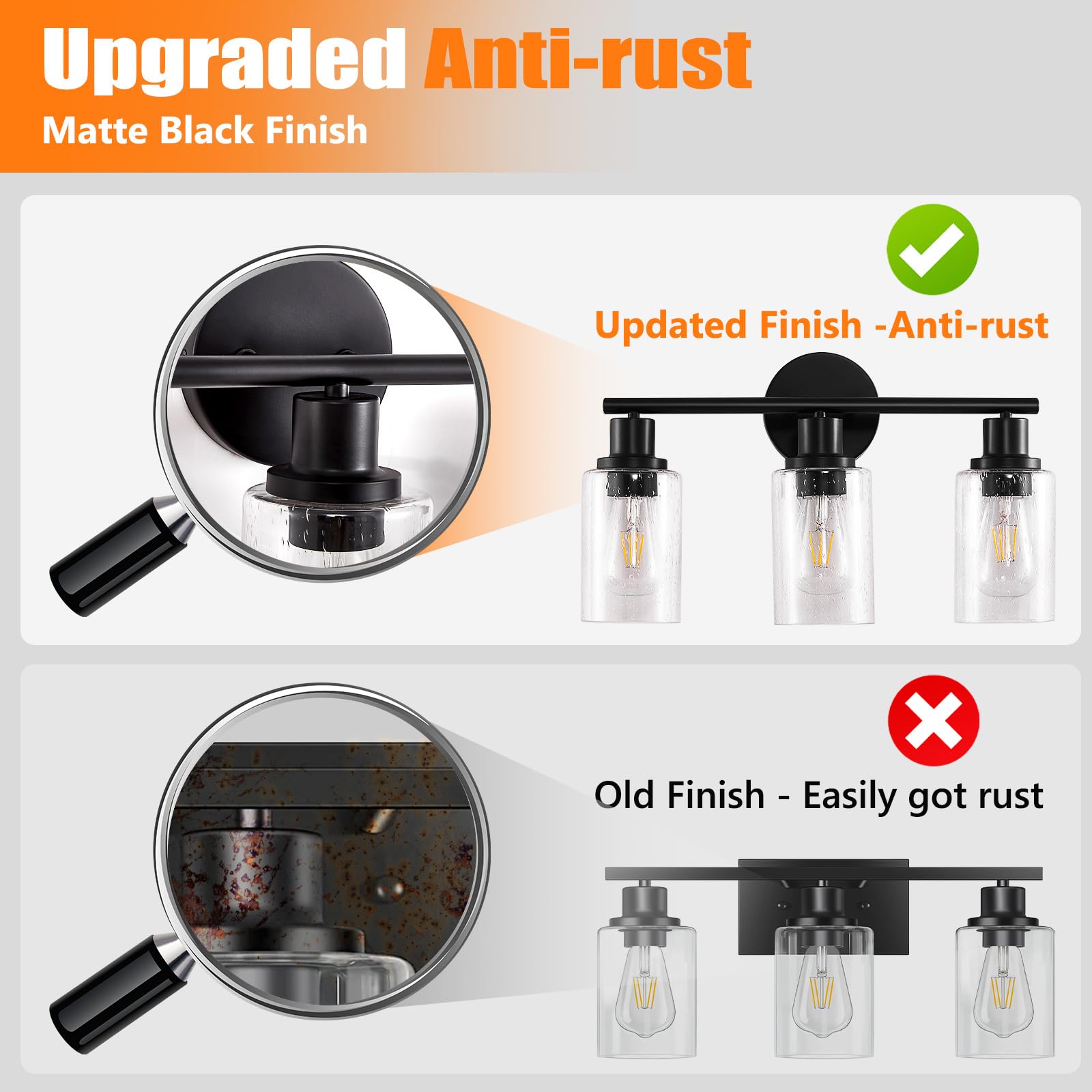 Dllt 3-Light Bathroom Light Fixtures: Black Modern Vanity Lights With 3 E26 Bulbs - Bubbled Glass Shade Bathroom Wall Lamp For M