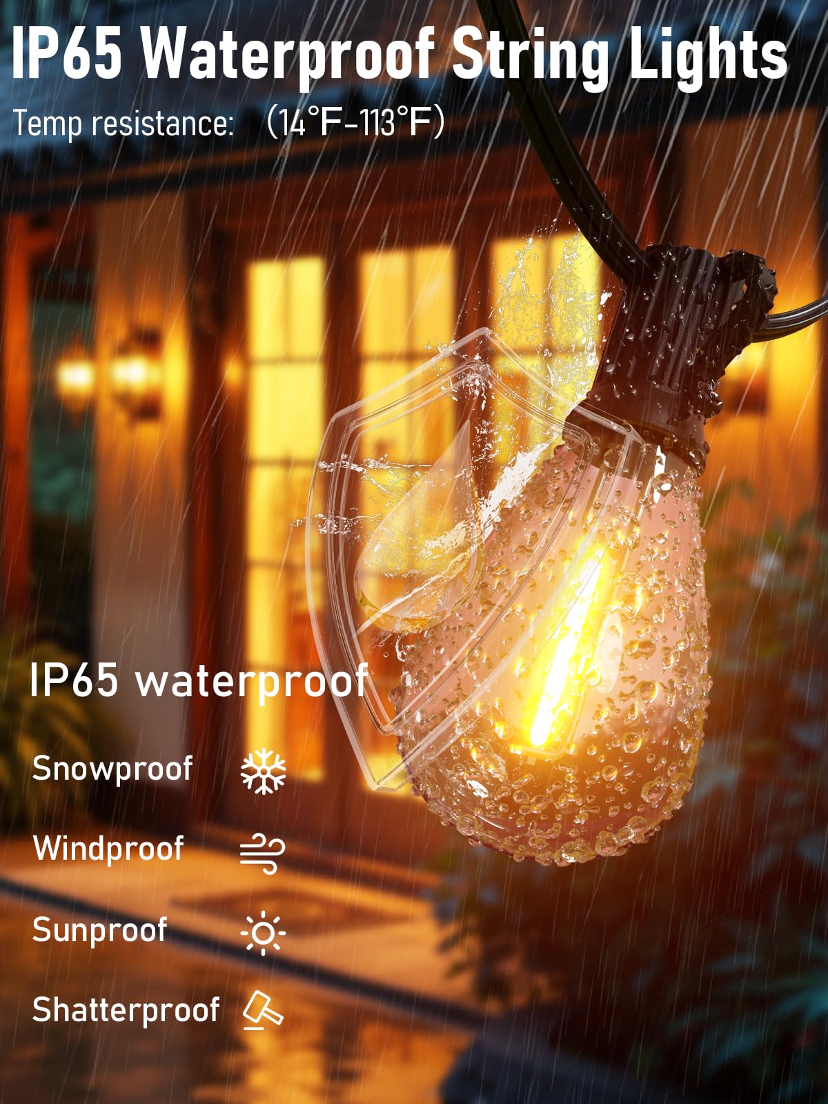 luckystyle LED Outdoor String Lights, 200FT, 74+2 Shatterproof Bulbs, Waterproof, Dimmable, Warm Yellow-2200K, Model S11