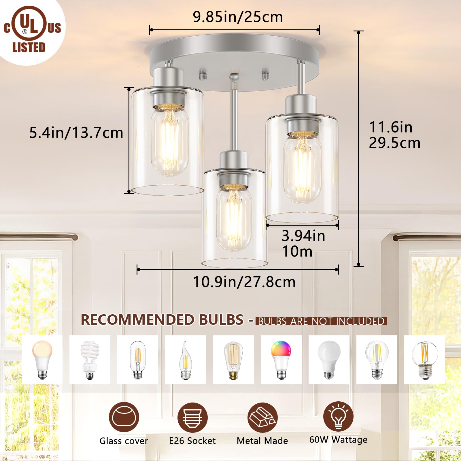 Feanron 3-Light Brushed Nickel Flush Mount Ceiling Light, Hallway Light Fixtures Ceiling Mount With Clear Glass Shades, Modern C