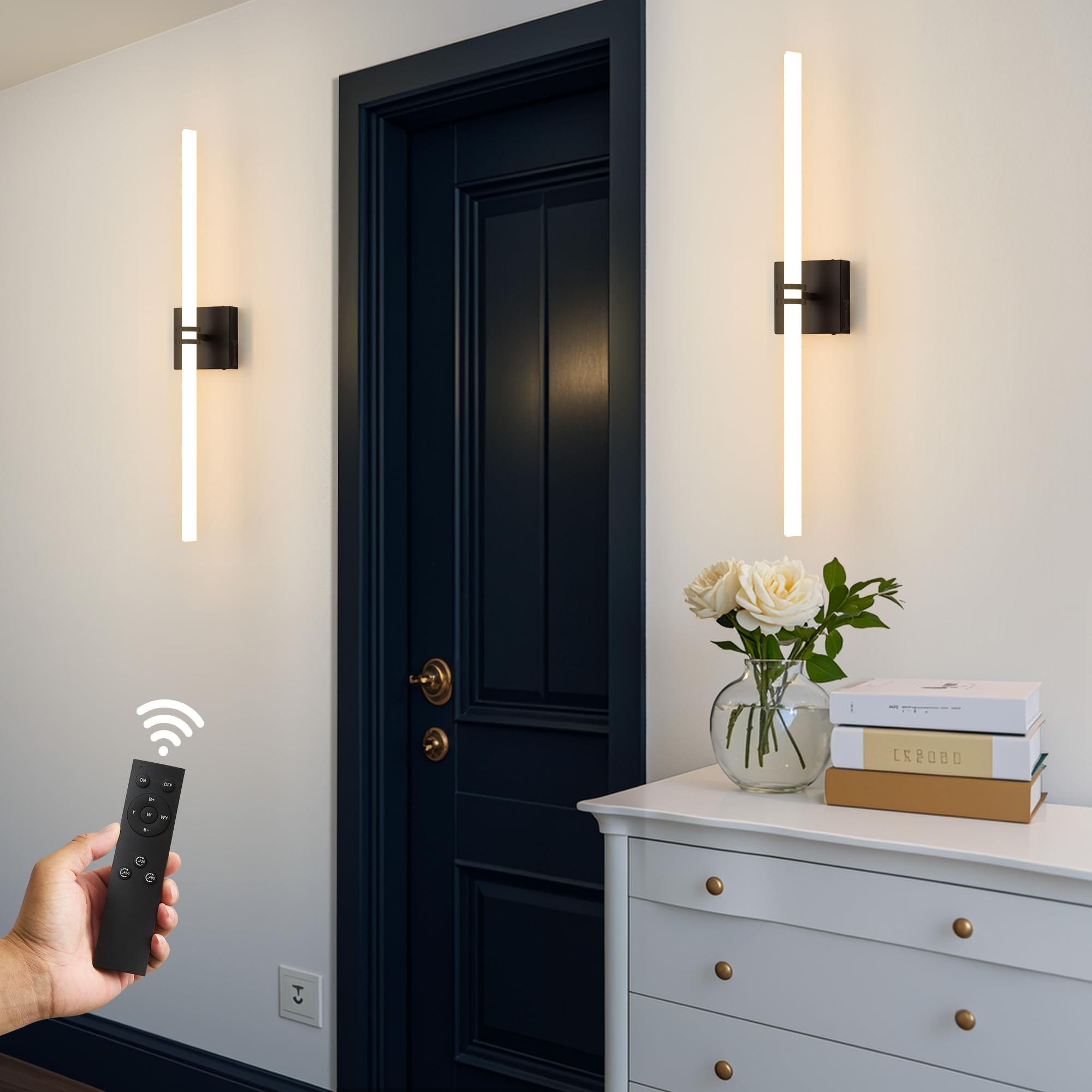 Eicrkodn Battery Operated Wall Sconce - Black LED Wall Light with Dimmable Remote Control, 31.5 Inch, Acrylic, Model 001battery