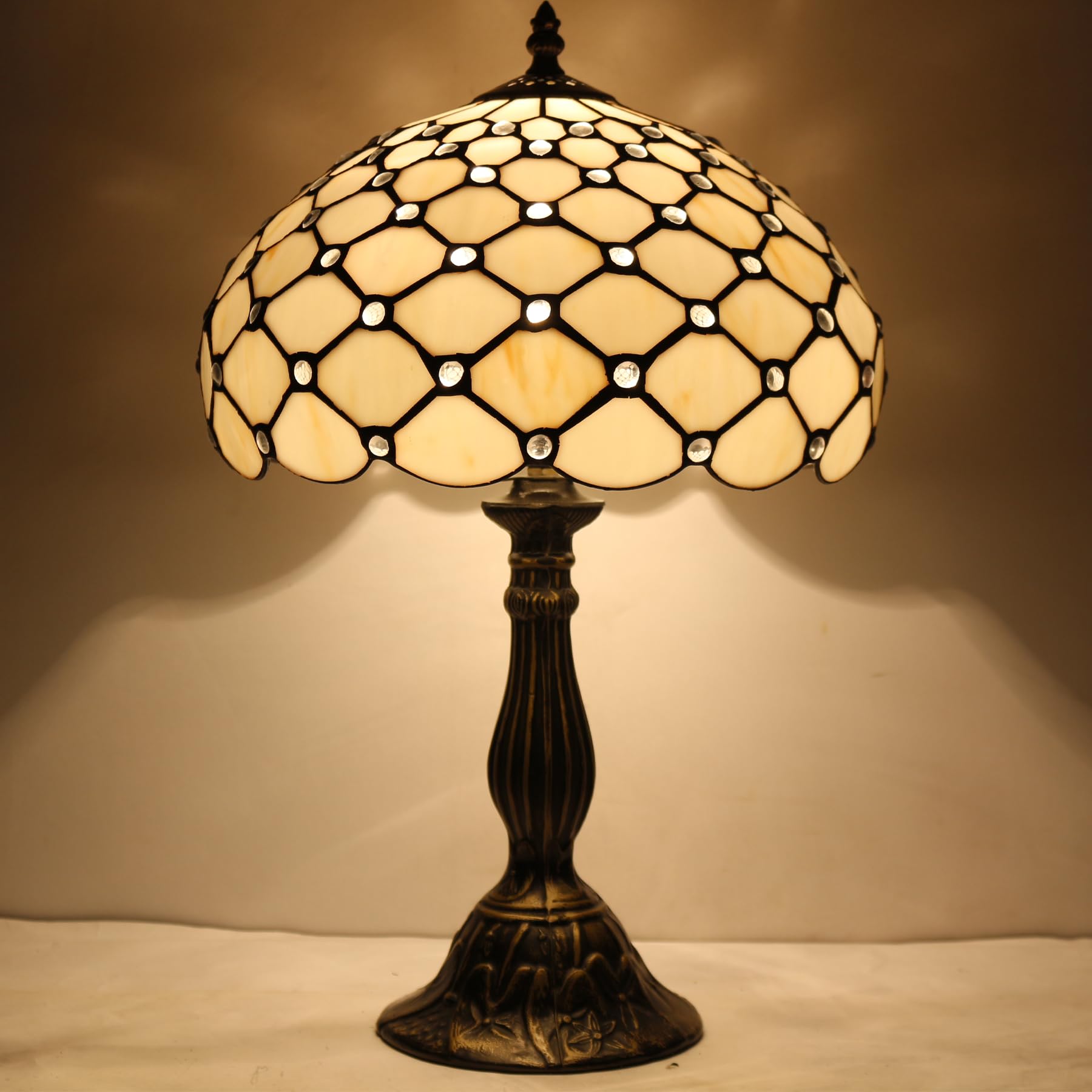 Werfactory Tiffany Lamp Cream Amber Stained Glass Bead Table Lamp Desk Bedside Reading Light 12X12X18 Inches Deco Bedroom Living