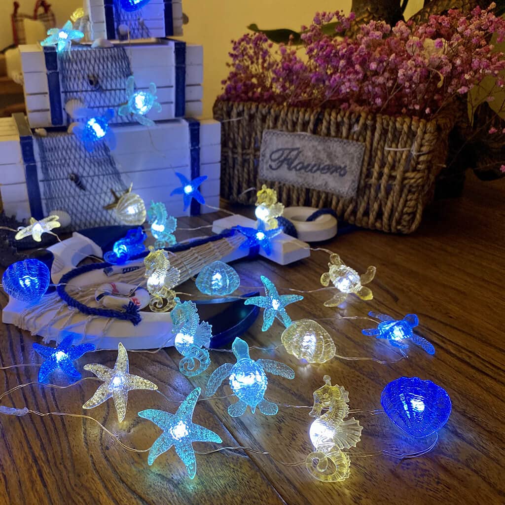 Ocean Themed String Lights Marine Life Night Lights Beach Décor Sea Turtle Seahorse Starfish Clam Decorative Lights Battery Operated Usb Plug In 30Led 10Ft Christmas Tree Ornaments Holiday Bedroom