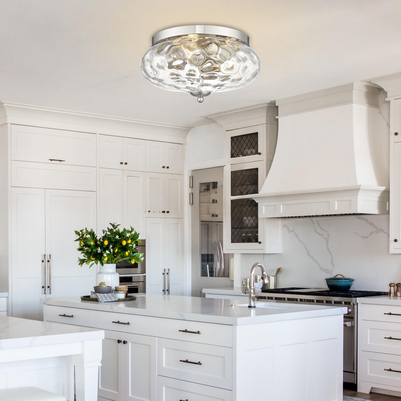 Darkaway Large Ceiling Light Fixtures 3-Ight Flush Mount Indoor Outdoor Ceiling Light With Water Ipple Glass Shade For Kitchen B