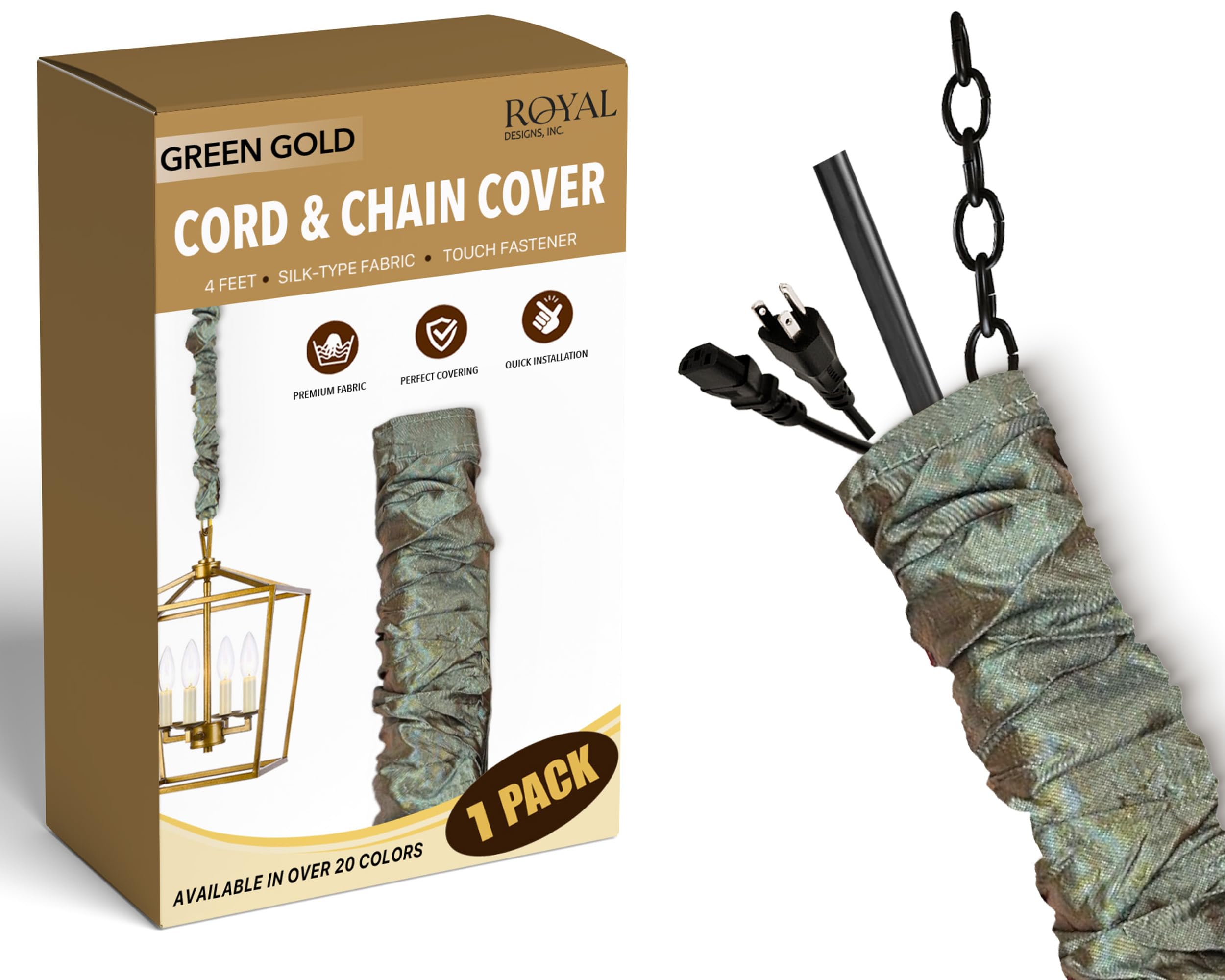 Royal Designs, Inc. Chandelier Chain Cover, 4 ft Silk Type Fabric, Green Gold, Model CC-12-GOG, 1 Pack