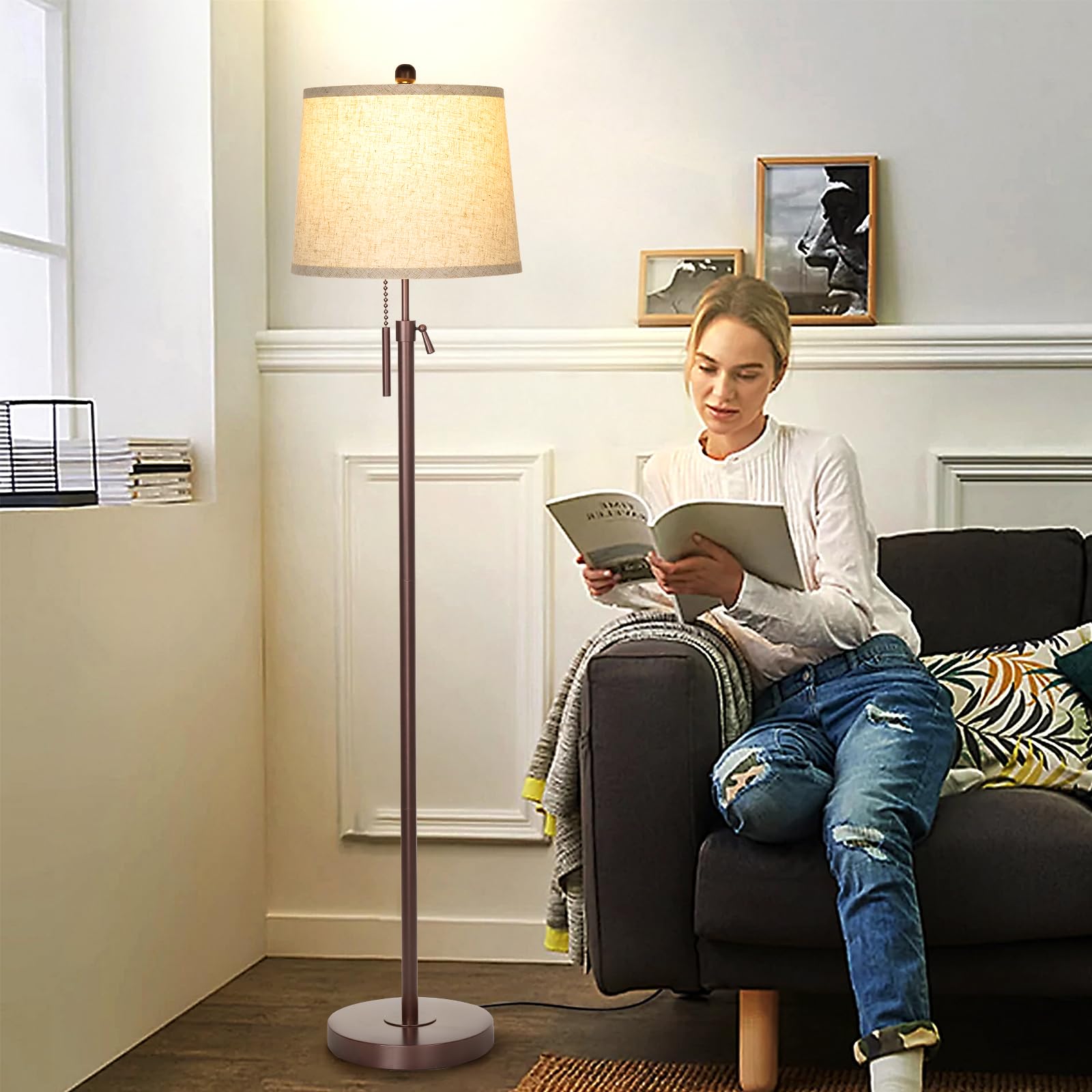 Junnai Modern Floor Lamp Adjustable Height Standing Lamp Tall Lamp With 3 Color Temperatures Floor Lamps For Living Room Bedroom Office Beige Shade Bulb Included-Brown