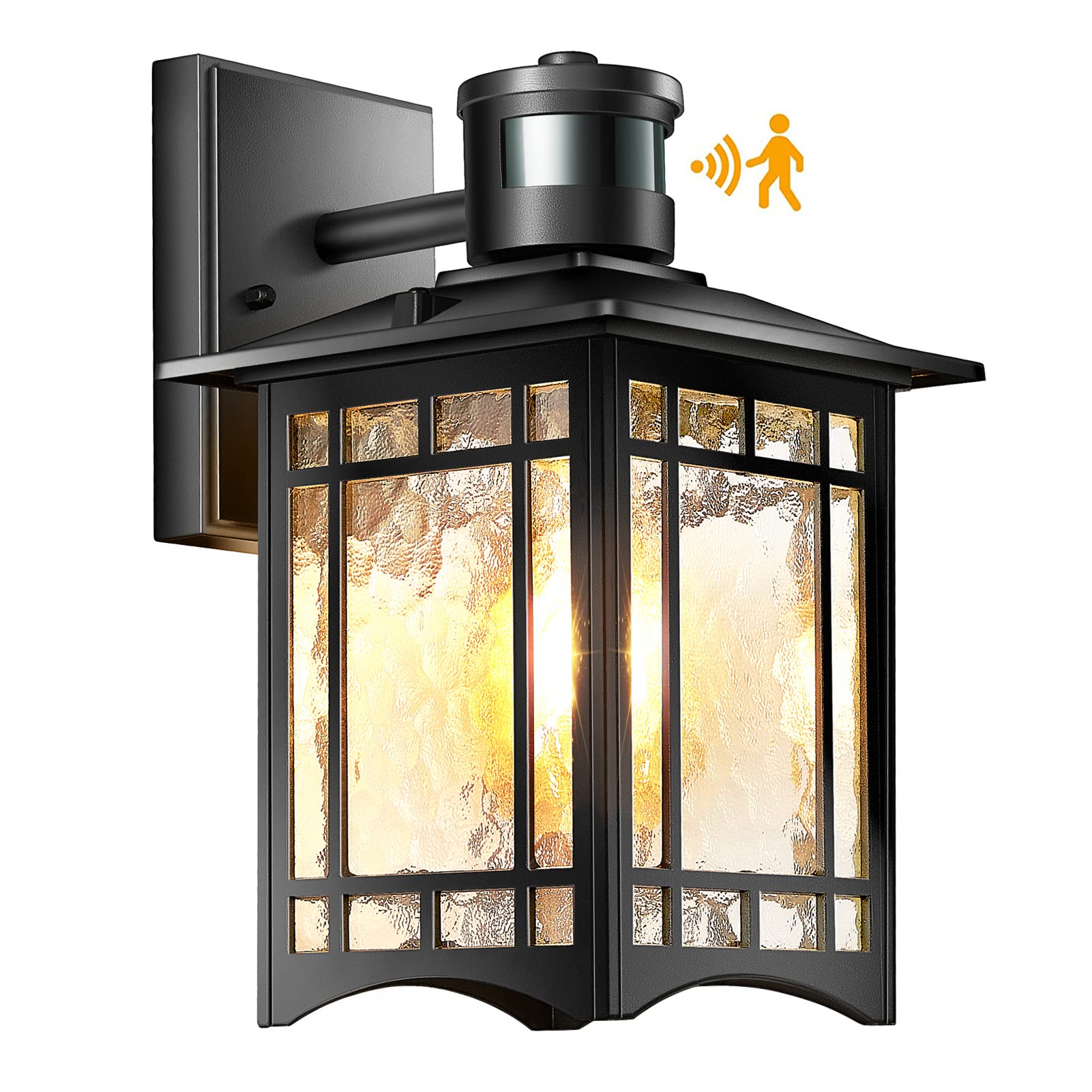XANGQAN Outdoor Motion Sensor Light Fixture, Black Wall Sconce, Aluminum & Tempered Glass, Dusk to Dawn, Anti-Rust for Patio & Door