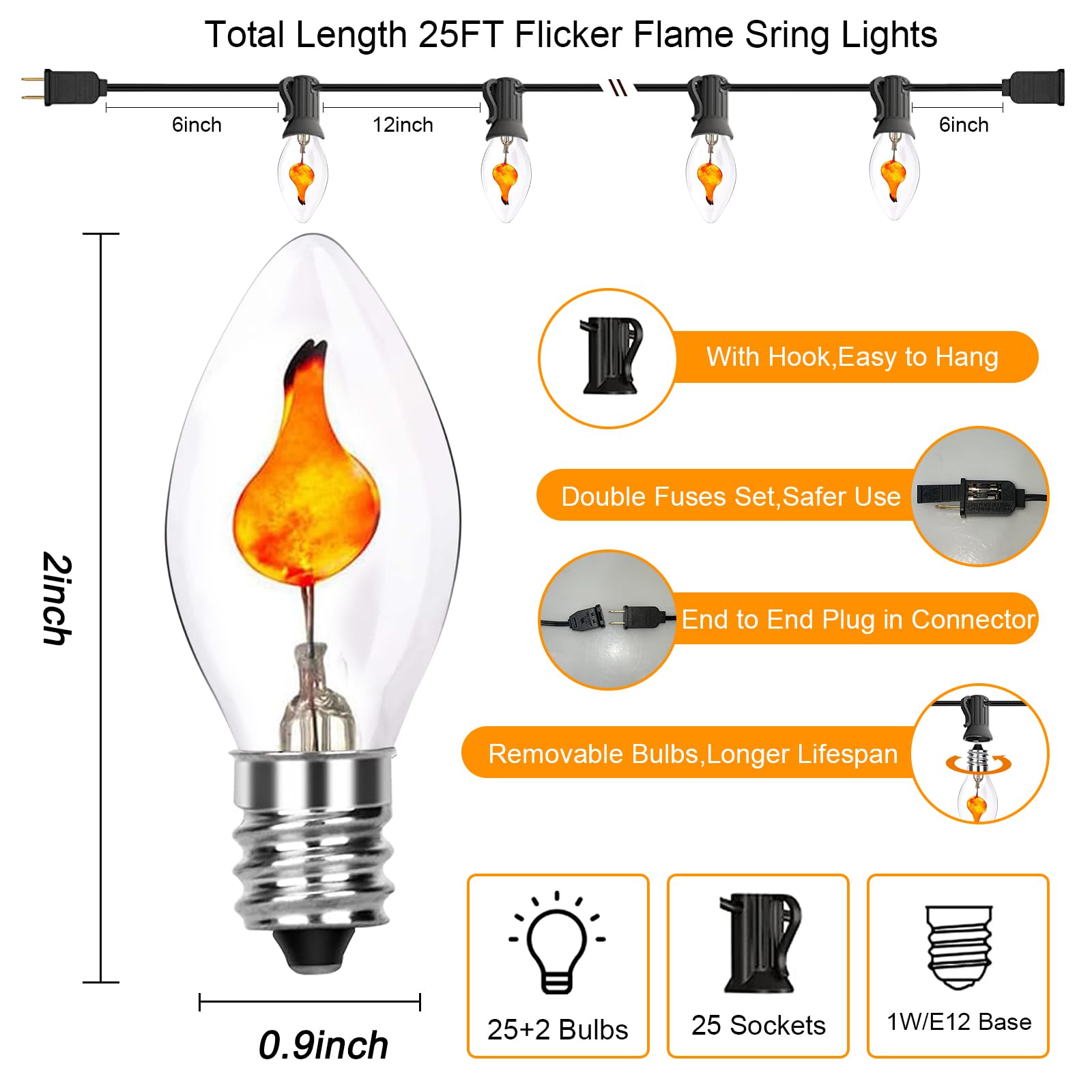 Doratale 25Ft C7 Orange Halloween Flickering Flame Lights, Waterproof Connectable, Glass, E12 Base, Clear Flame