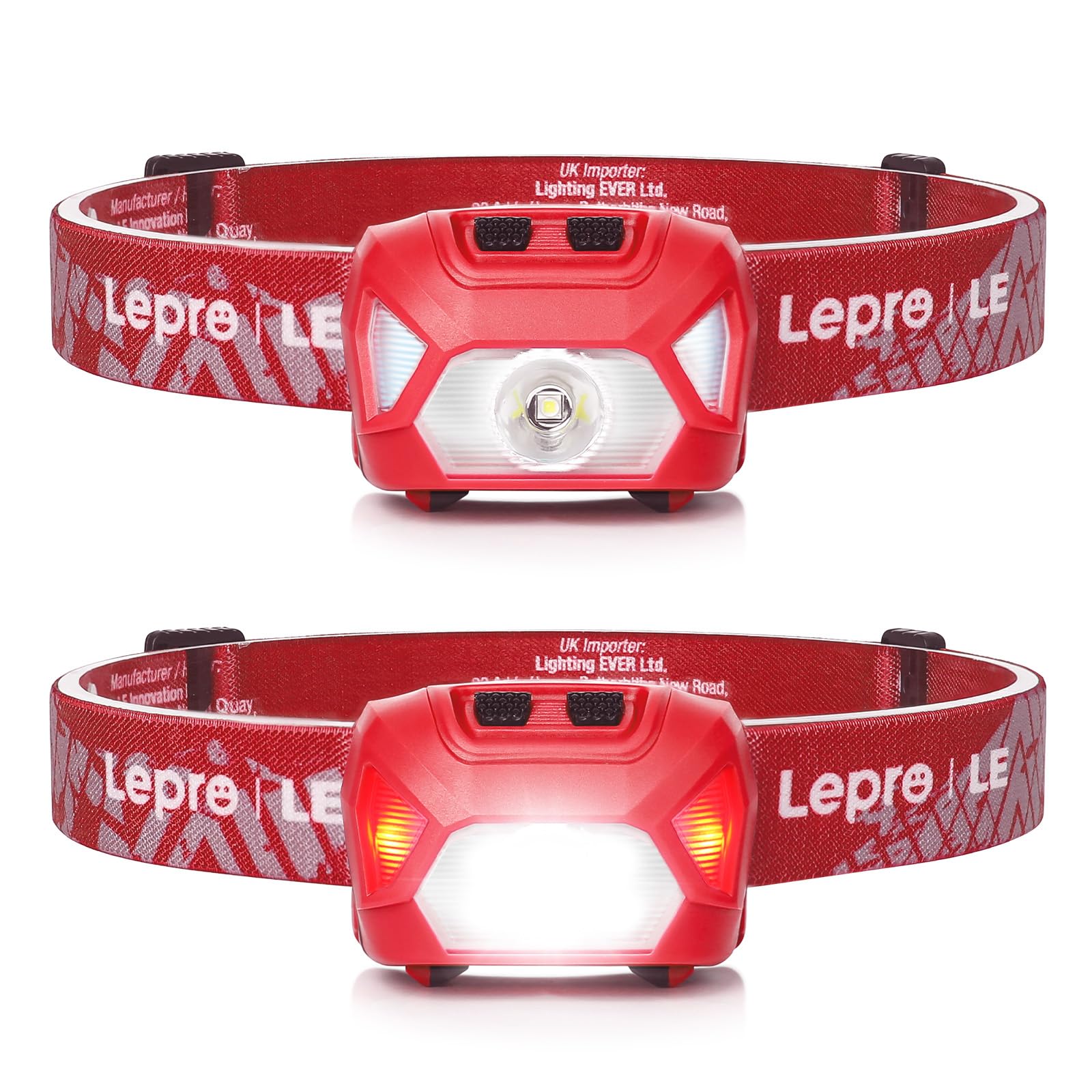 Lepro 320015 Battery Powered Headlamp - 1300Lux Super Bright LED Head Lamp with Red Light, IPX4 Waterproof Headlights for Outdoo