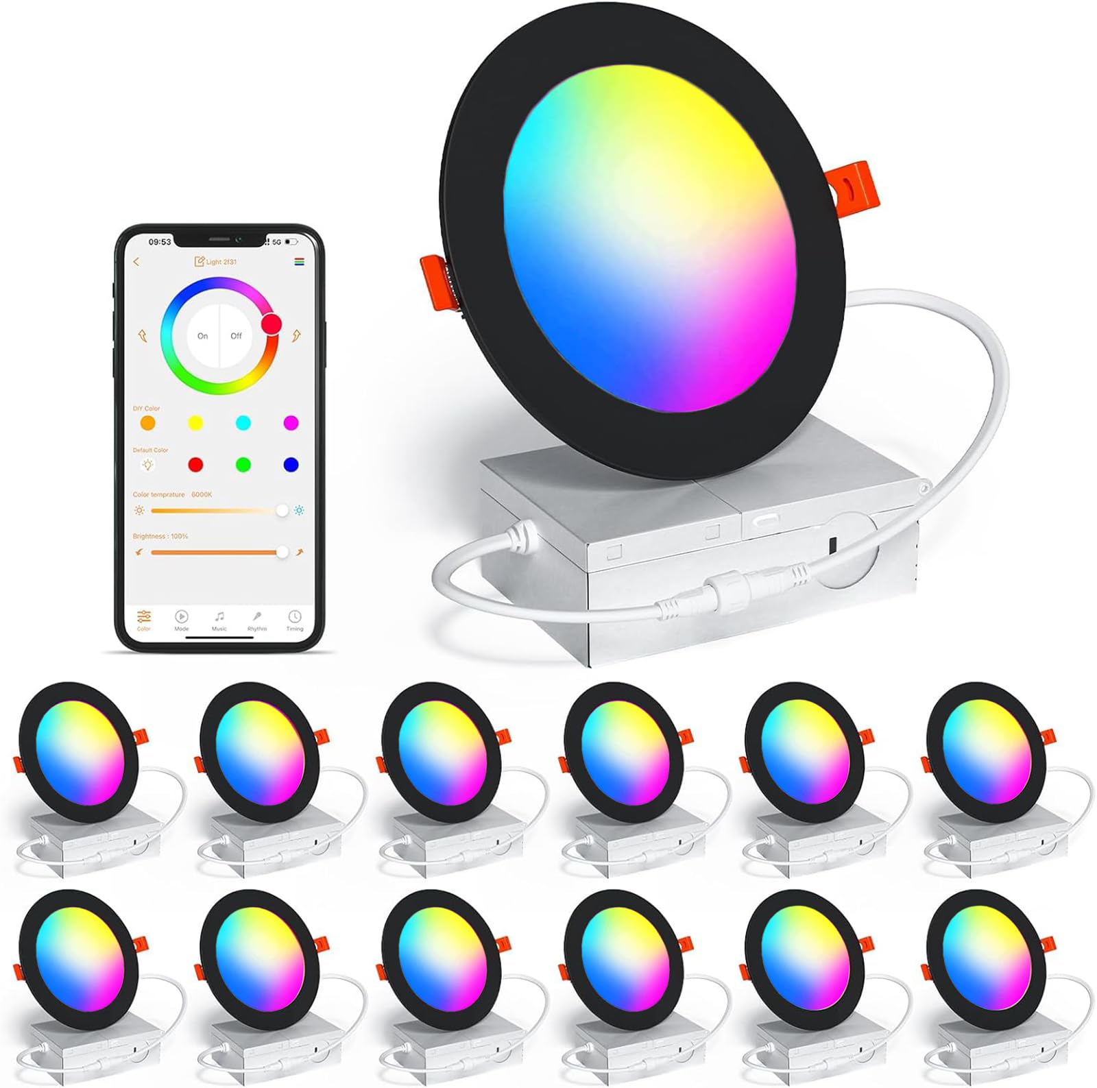 Smart Recessed Lighting 4 Inch Rgbcw Color Changing 12W Black Recessed Ceiling Light With Junction Box 1080Lm Canless Led Downlight Compatible With Alexa Dimmable By Bluetooth Control -12Pack