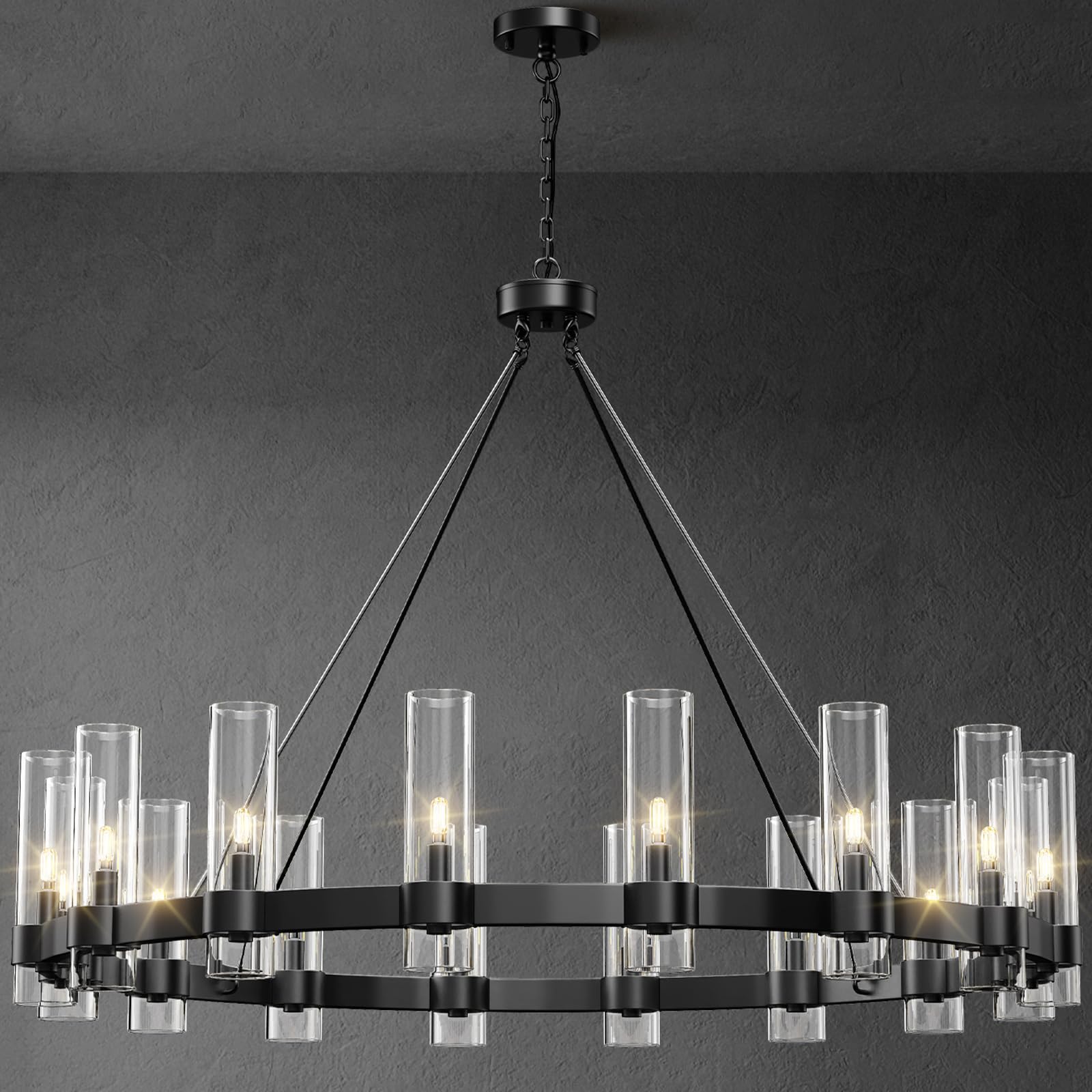 YIOSI Black Chandelier,16-Lights Wagon Wheel Chandelier with Glass Shade,48 Inch Large Round Industrial High Ceilings Pendant Li
