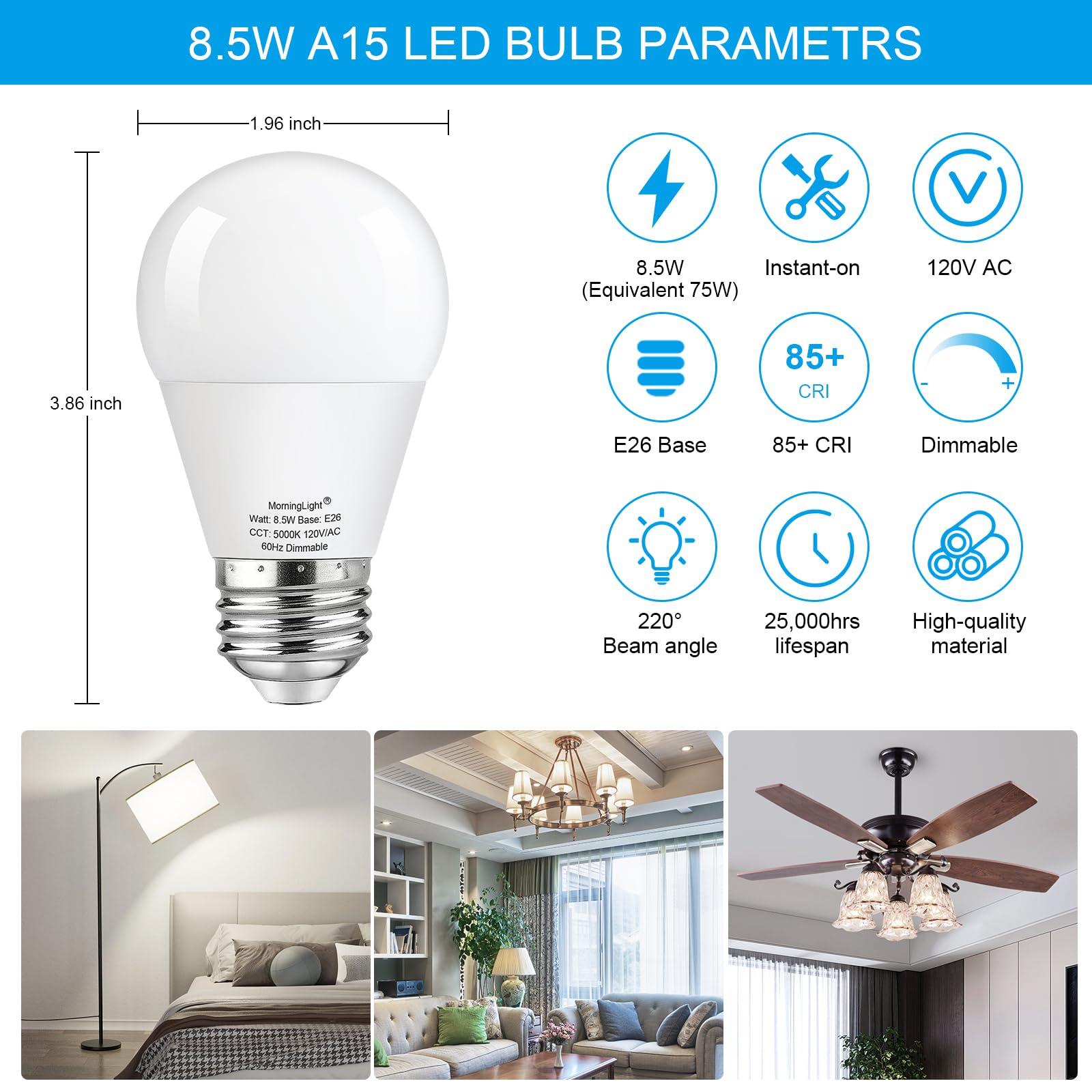 Morninglight Dimmable A15 Led Light Bulb 75 Watt Equivalent, A15 Daylight 5000K Led Light Bulb 75 Watt For Ceiling Fan, Wall Sco
