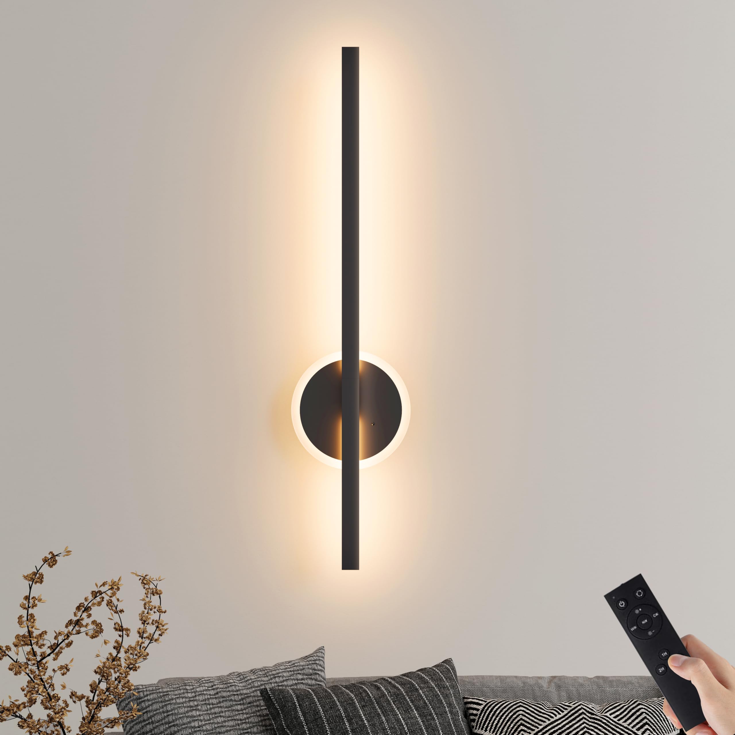 Lumiquesce Wireless Wall Sconce, Dimmable LED Lamp, 24 Inch, Black, Model 7105, Rechargeable with Remote Control