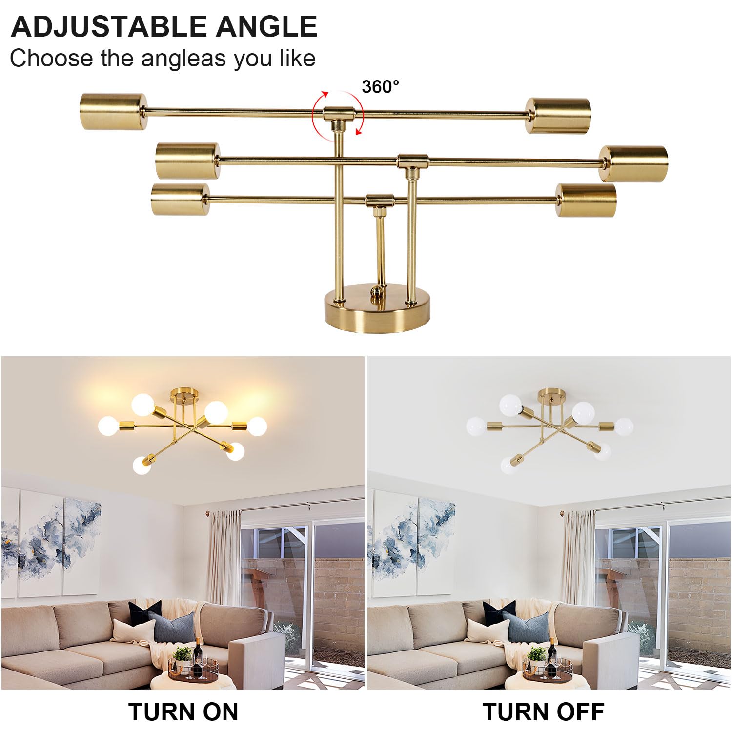 Delipop Modern Sputnik Chandelier, 6-Light Gold Industrial Metal Semi Flush Mount Ceiling Light, E26 Base Sputnik Ceiling Light