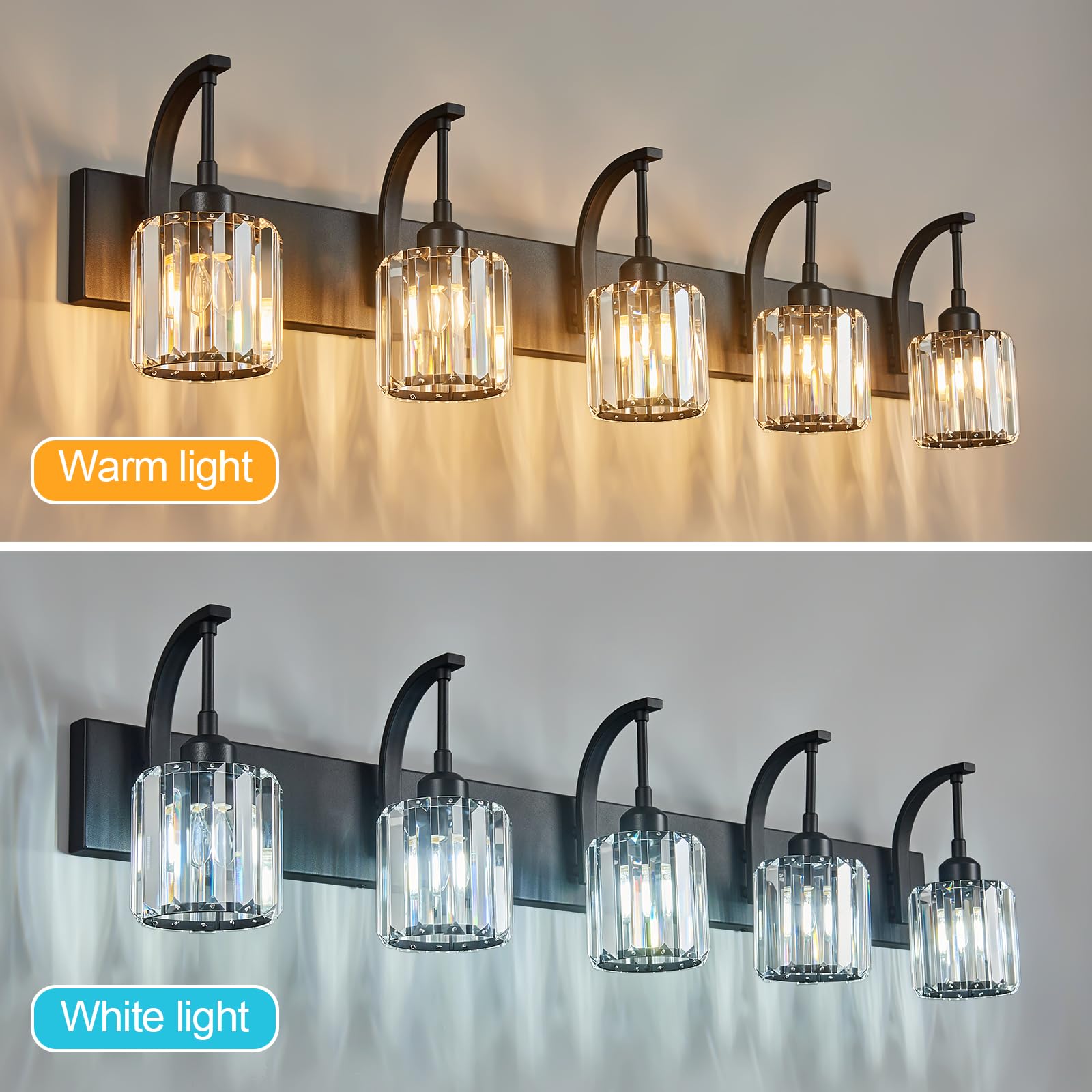 Fdpby 5-Light Crystal Vanity Light  Modern Black Bathroom Wall Sconce With K9 Crystal Shades  42.51 Long Over Mirror Lighting For Vanity  Makeup  Hallway  Elegant & Easy Installation