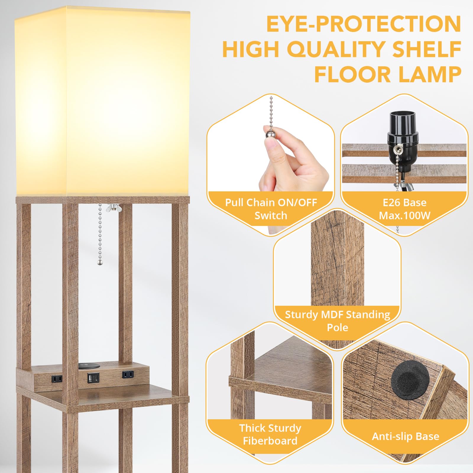 Mlambert Modern LED Shelf Floor Lamp with Wireless Charger, 2 USB Ports & 2 Outlets, Wood Finish, Model A-092, 3-Tier Storage for Bedroom/Living Room