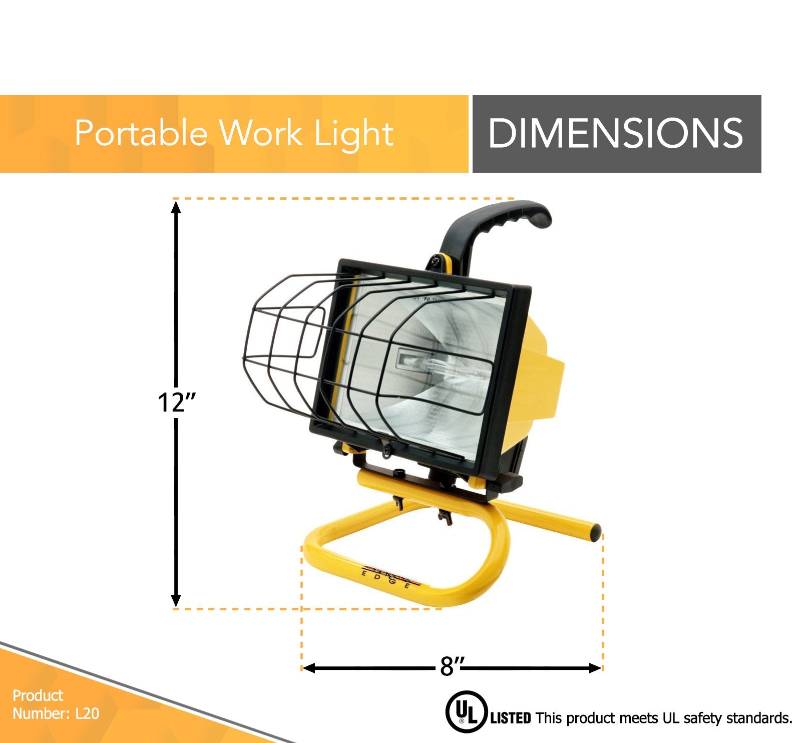 Woods Portable Work Light, 500 Watt, Metal, Yellow, Model L20, 1 Count