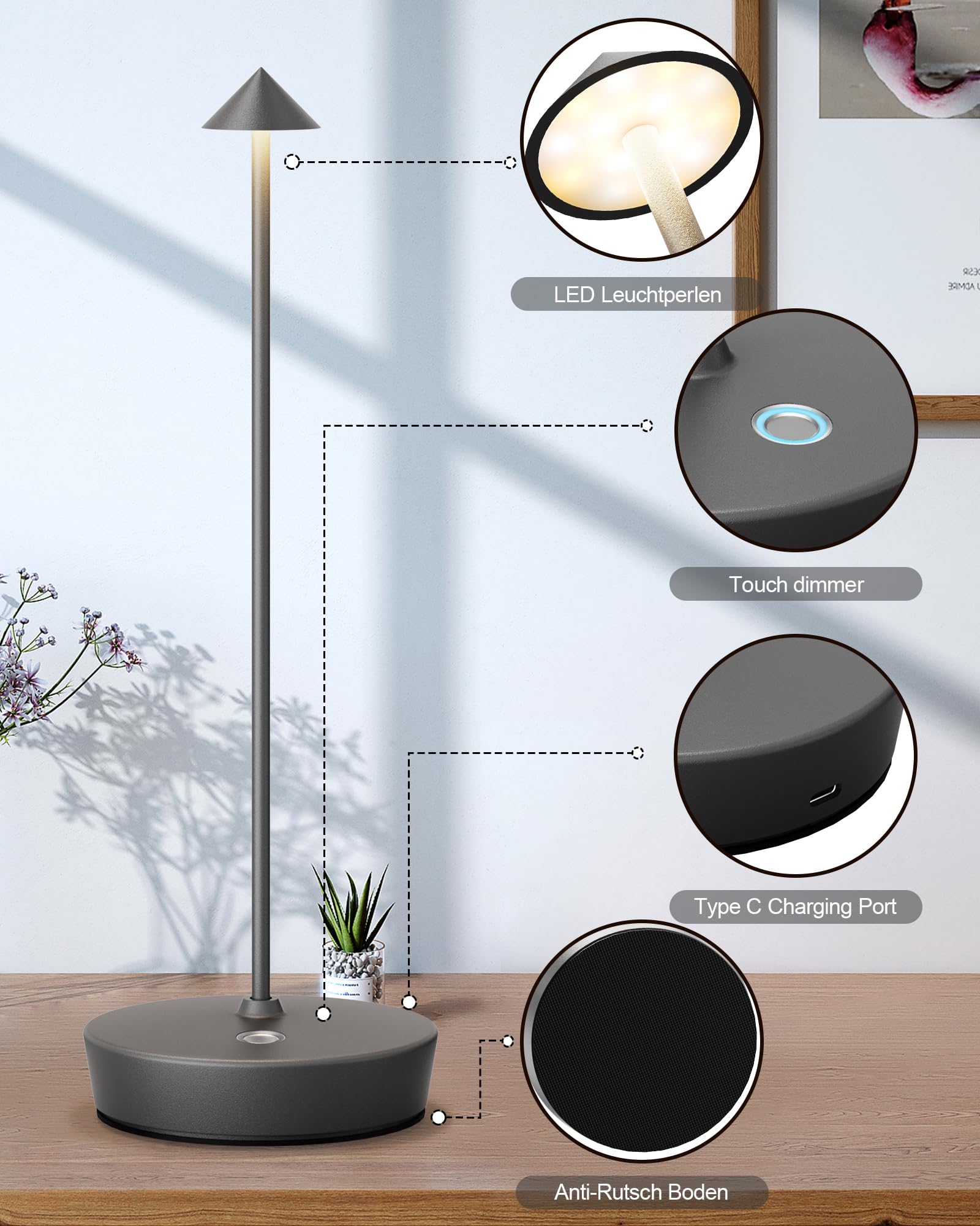 SHANGCAI Cordless LED Table Lamp, 6000mAh Rechargeable, Waterproof, Touch Dimmable, Gray, Model X12