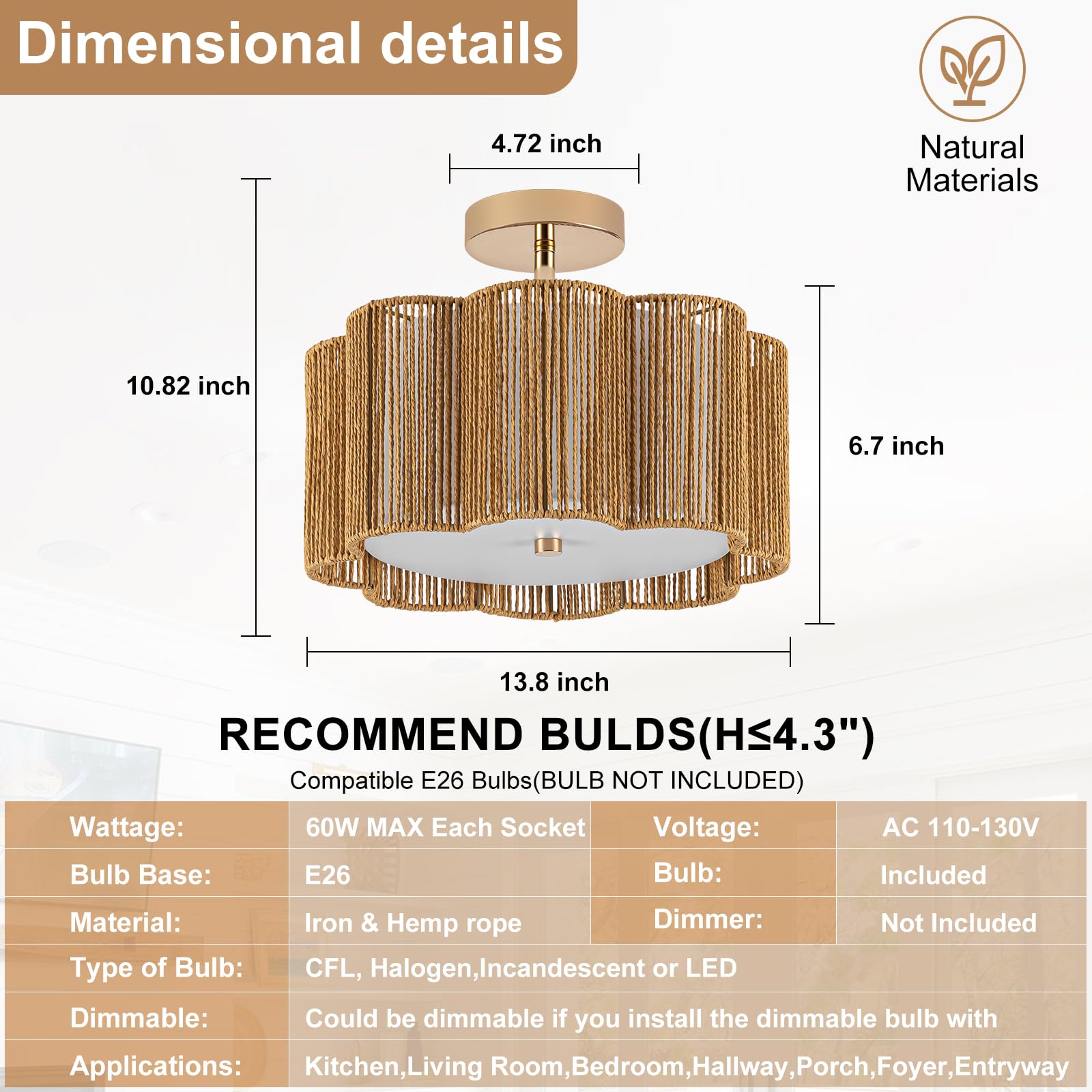 Tbaoinla Boho Light Fixture & Rattan Chandelier - Golden Plum Blossom Ceiling Light With Silk Road Artistry, Flush Mount Design