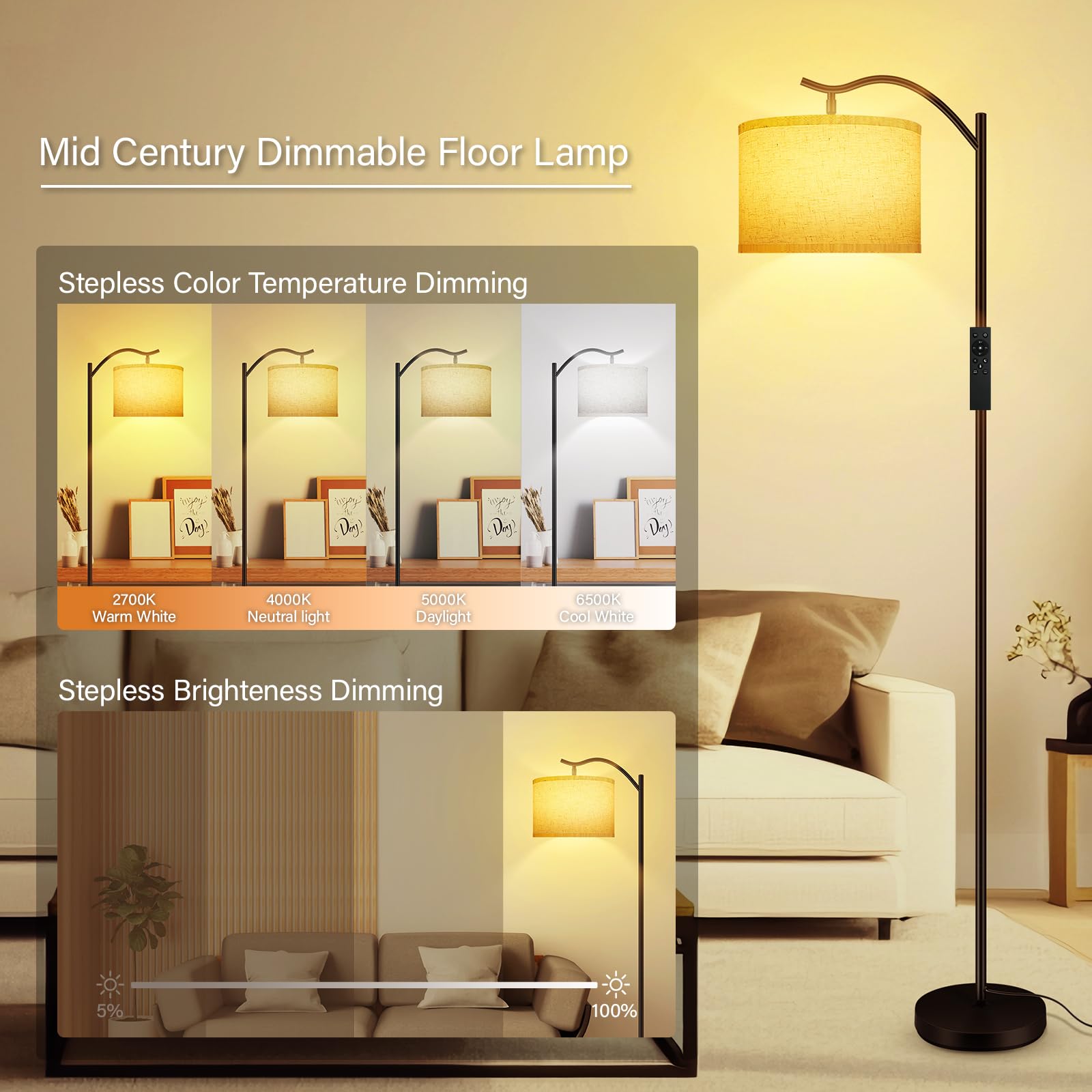 BoostArea Arc Floor Lamp with Remote, Stepless Dimmable 2700k-6500k, Beige, Model B1361