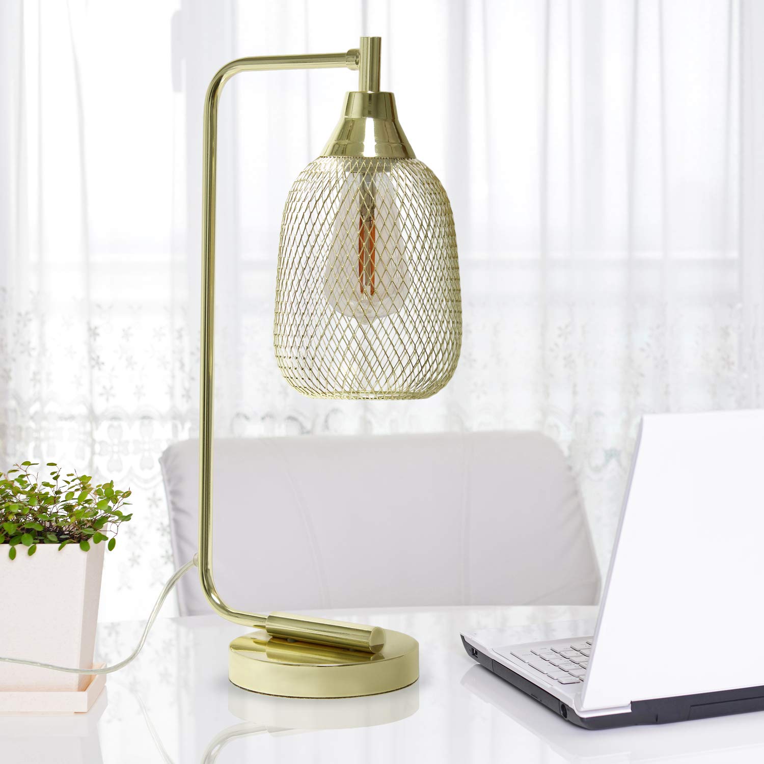 Lalia Home Industrial Gold Desk Lamp With Wired Mesh Shade, Metal Construction