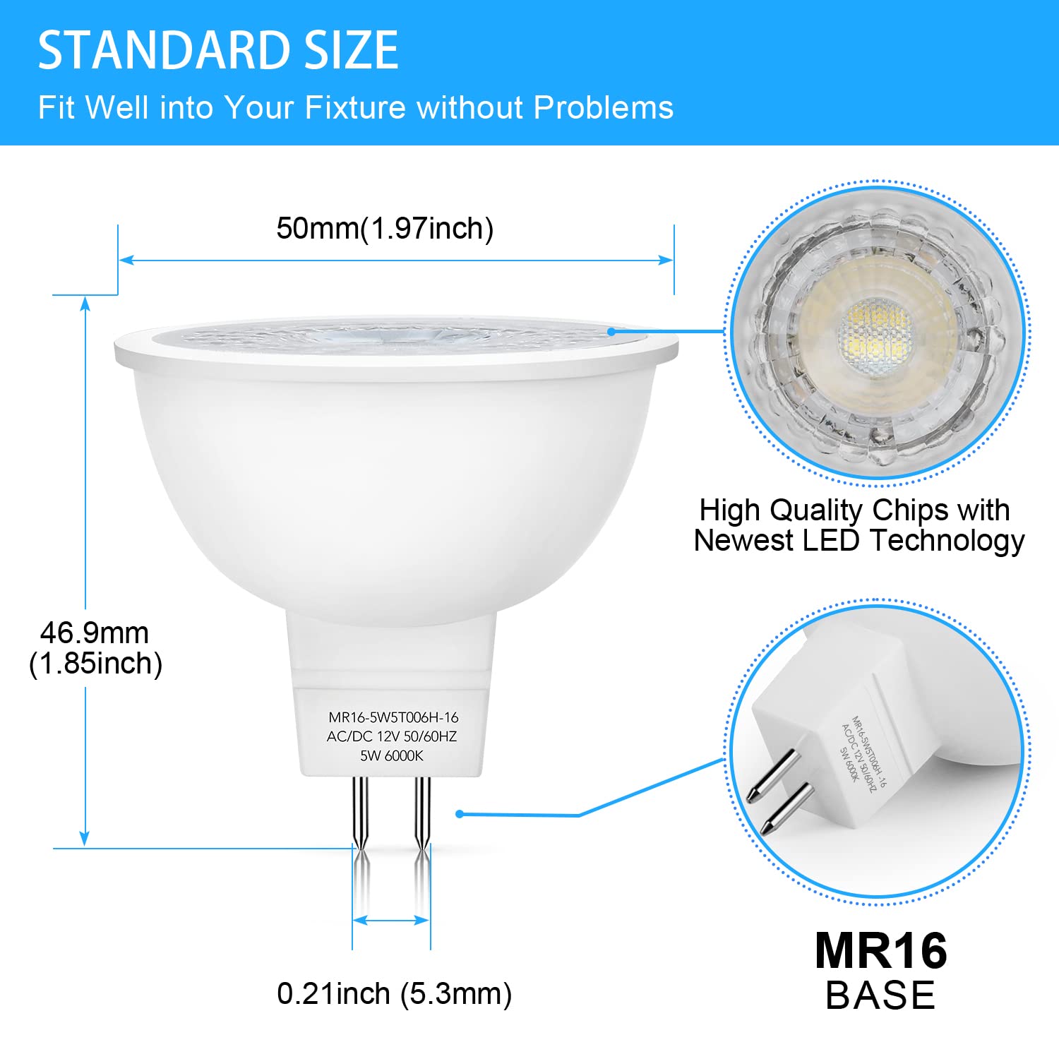 Mlambert 12 Pack Mr16 Led Bulbs 50W Halogen Equivalent,6000K Cool Whitee,5W Gu5.3 Mr16 12V Spotlight Bulb,Non-Dimmable,45 Beam A