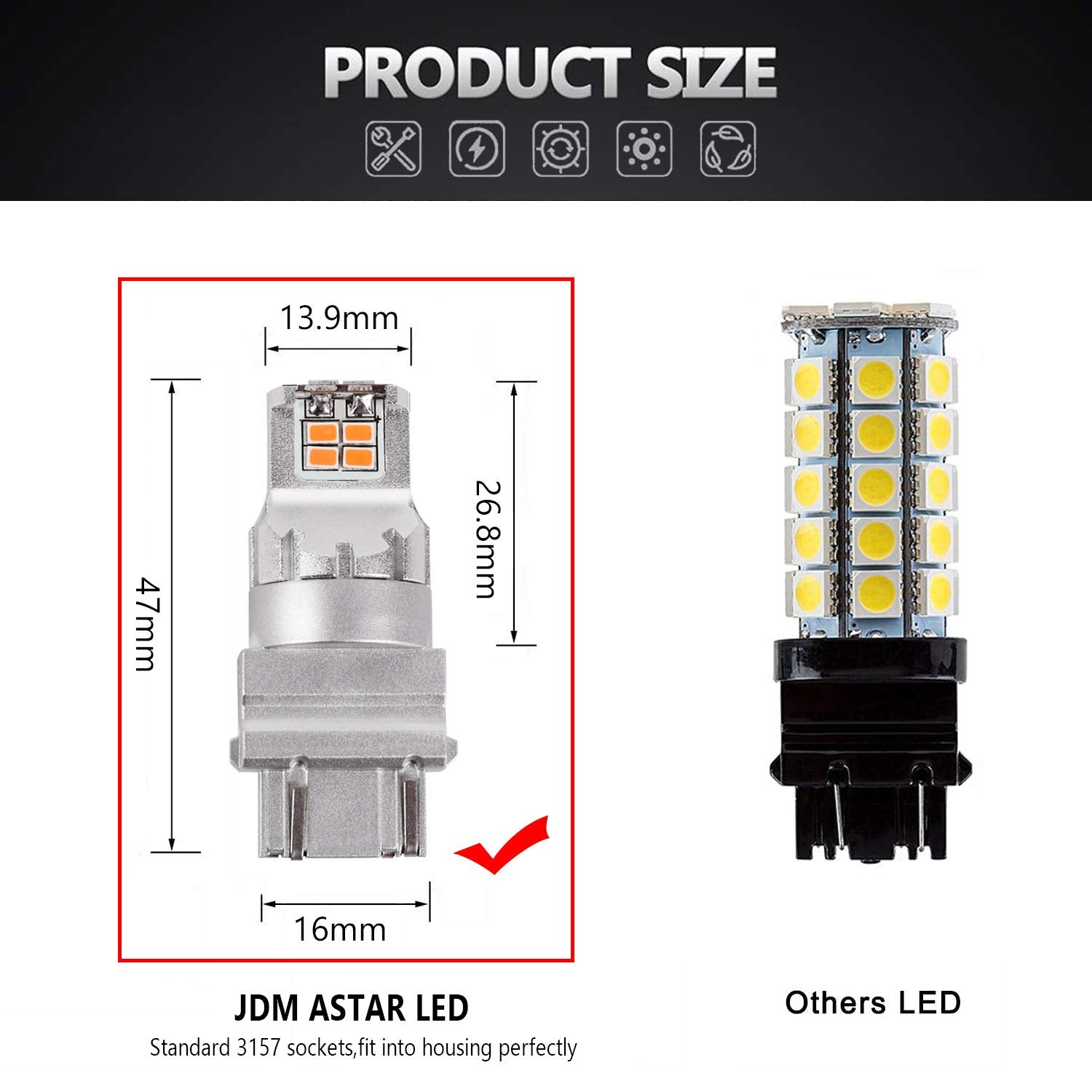 Jdm Astar High Performance Super Bright 1:1 Design 3020 Chips 3056 3156 3057 3157 4057 4157 Amber Led Bulbs