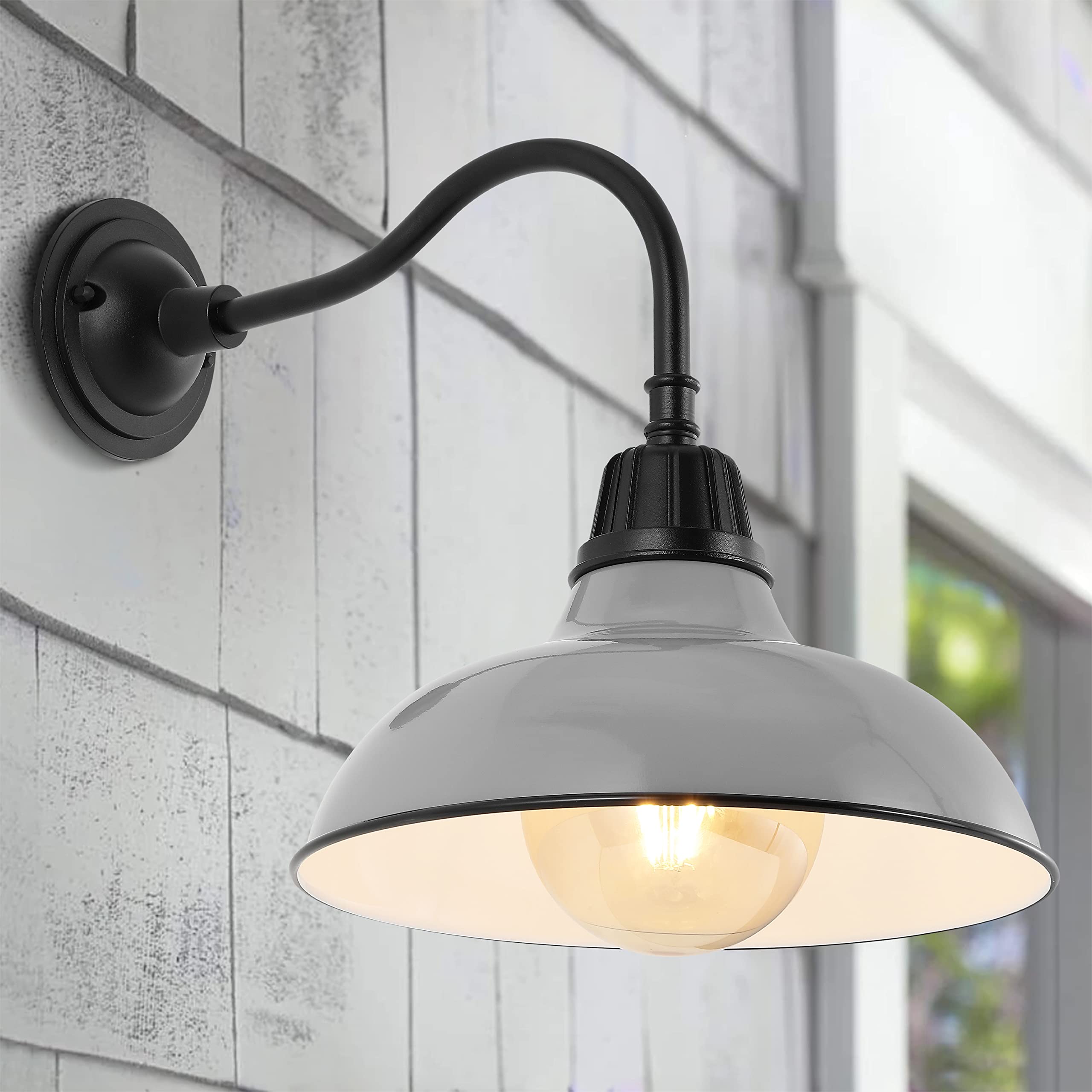 JONATHAN Y Gooseneck Arm Outdoor Sconce 12.25in Metal Bowl Shade Gray/Black Model JYL7613D Vintage Rustic Barn Lighting