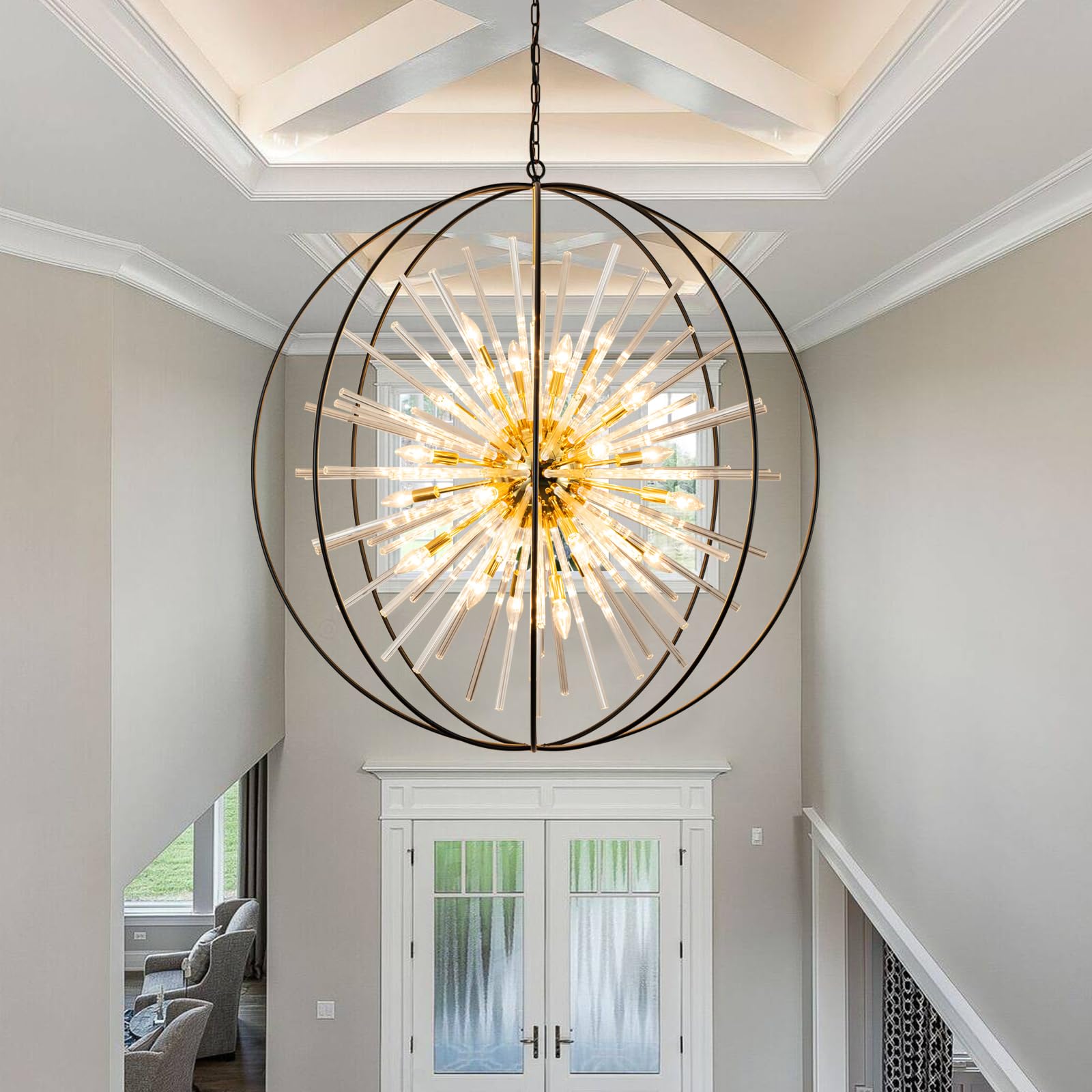 Vezzio 42" Black and Gold 24-Light Globe Chandelier for High Ceilings - Modern Crystal Lighting for Entryway, Foyer, Kitchen, Dining Room