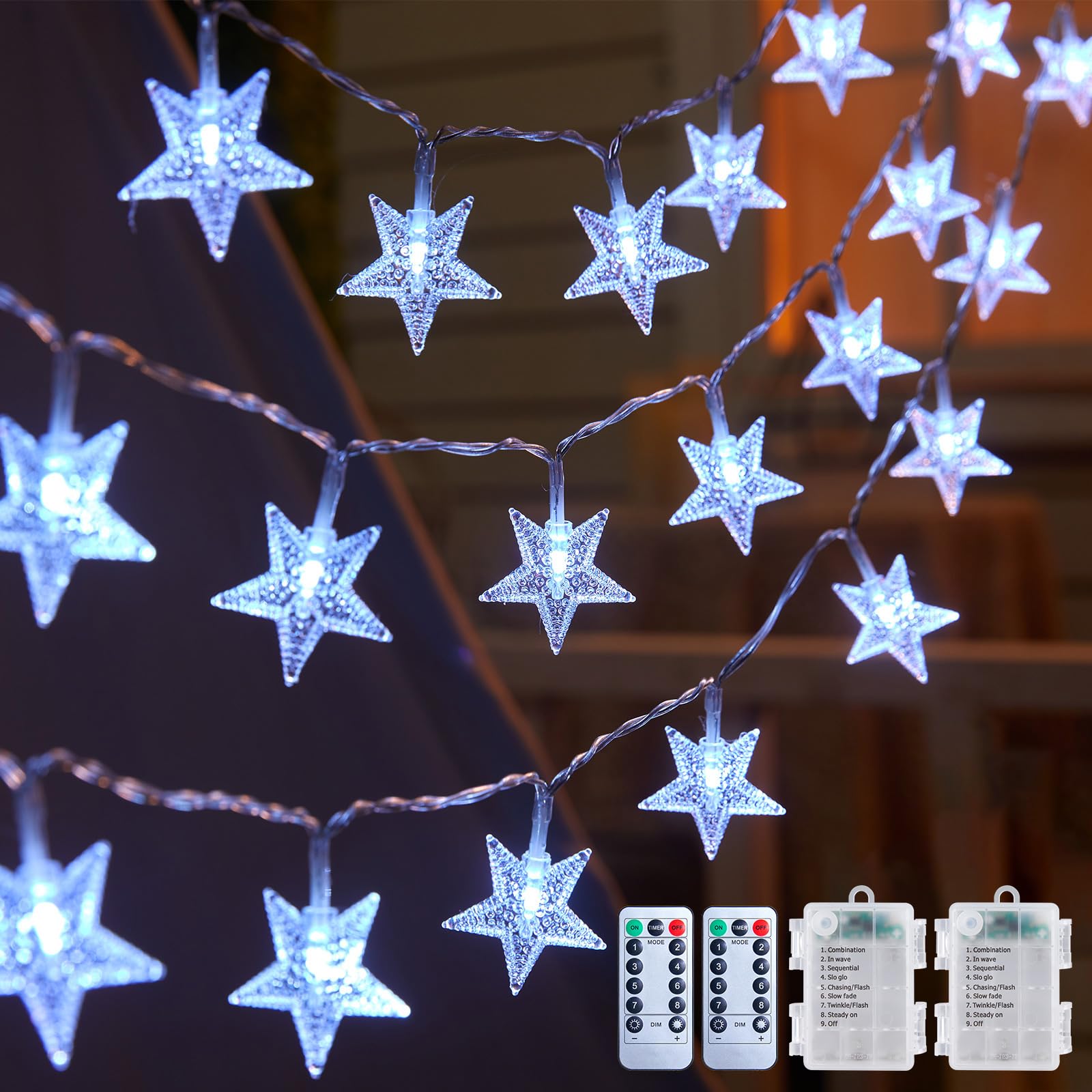 Brightown Star String Lights - 50 LED, Battery Operated, 17 ft, 2 Pack, Waterproof, White, Remote & Timer, 8 Modes