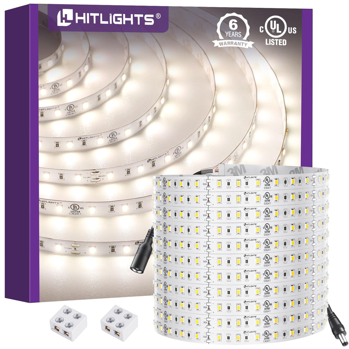 Hitlights White Led Strip Lights 4000K 24V, 26.2Ft Cuttable Tape Backed 3Oz Pcb, Ul Listed, 1325 Lumen/M, Cri>95, Ip20, Lighting