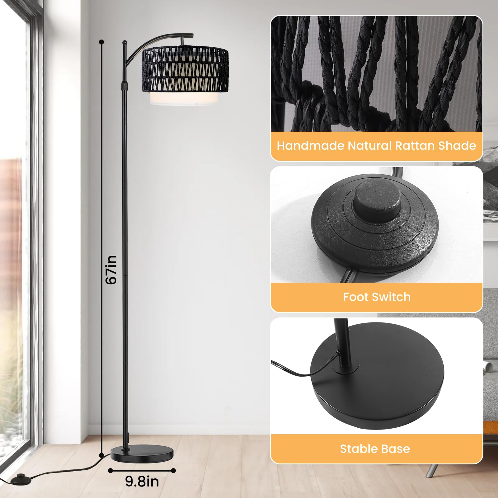 Yusist Arc Floor Lamp For Living Room,Farmhouse Floor Lamps With Remote Control & Dimmable Bulb,Black Rattan Boho Tall Standing