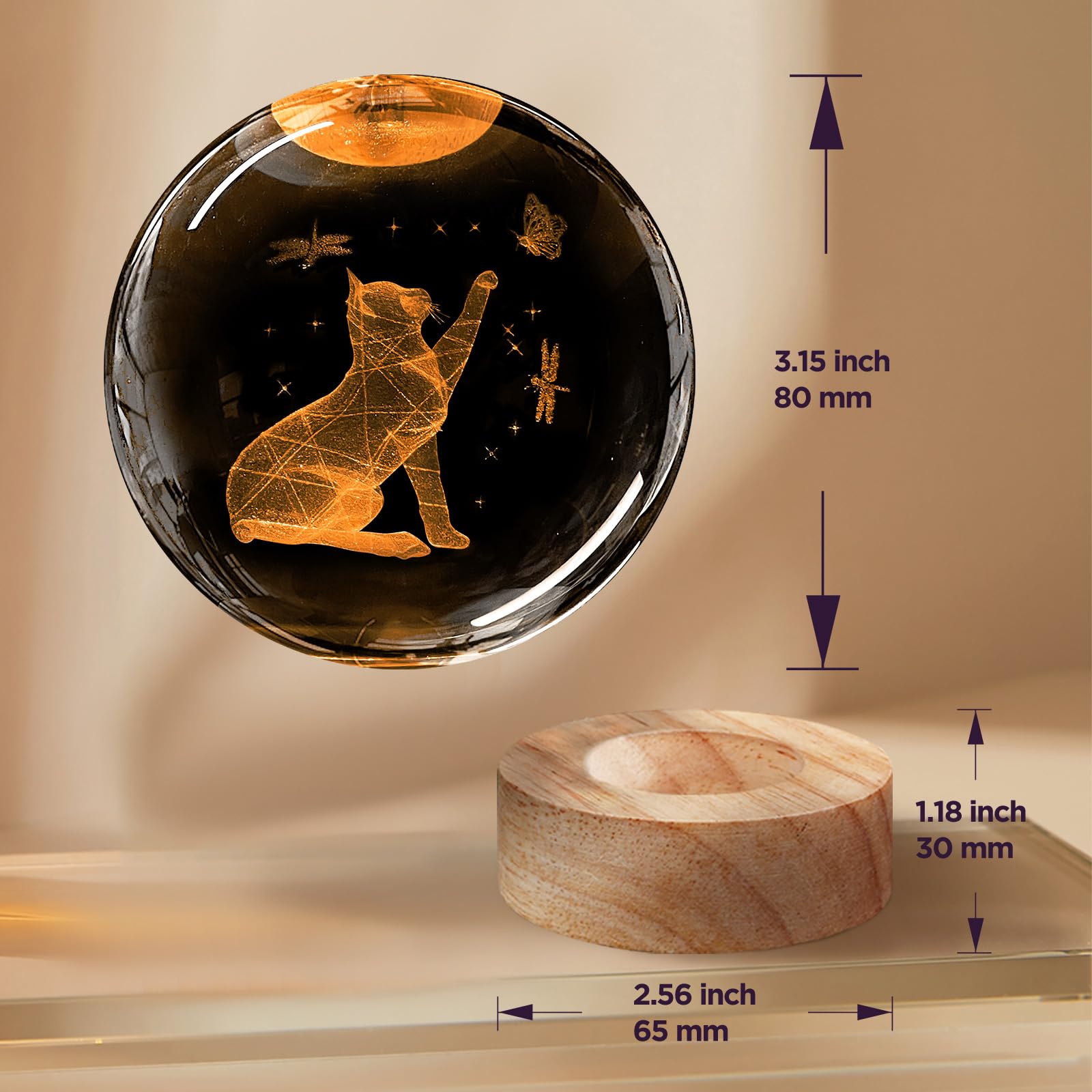 Yylzephb 3D Cat Crystal Ball Night Light With Woodern Base, 3.15'' Cat Figurines Glass Lamp With 16 Colors Cat Snow Globes Cool