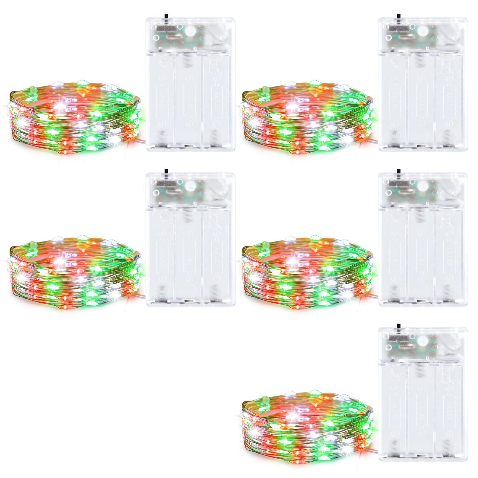 5 Pack Fairy Lights Battery Operated, 7 Feet 20 Led String Lights with Timer, Waterproof Firefly Lights on Silver Wire for Home Party Wedding Christmas Decorations, Red Green White