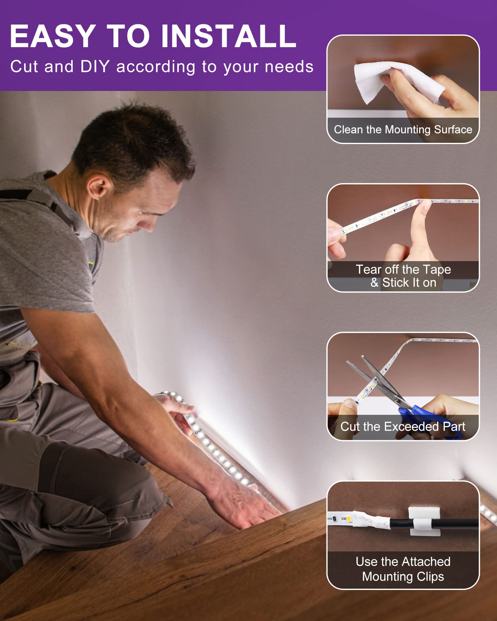 Hitlights Led Strip Lights, 5000K Cool White, 16.4Ft, 600 Leds, Flexible Dimmable Tape Light For Bedroom, Kitchen, Ul-Listed