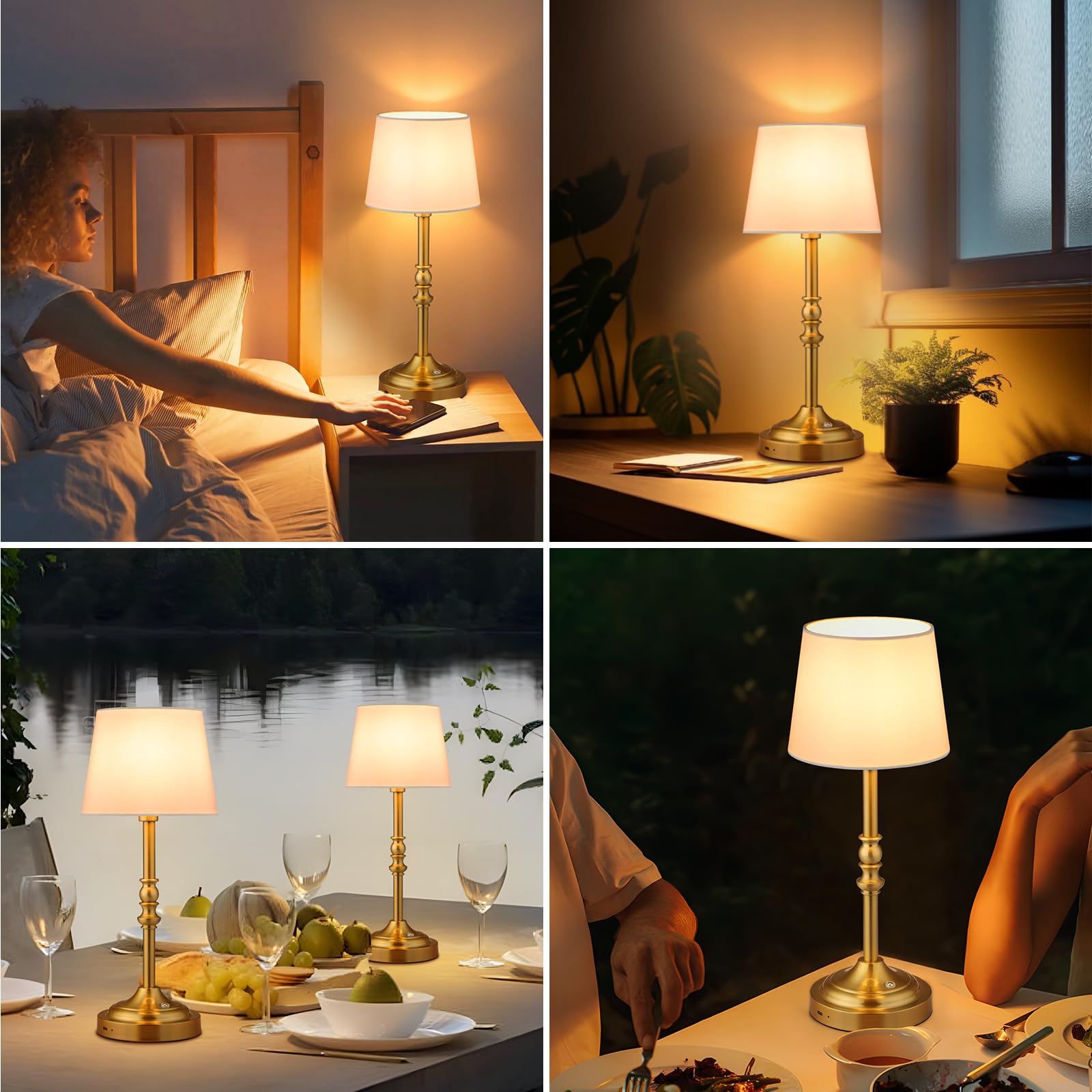 Ggoying Set Of 2 Rechargeable Cordless Led Table Lamps, 4-Level Dimmer, Bronze Portable Desk Lamps With White Fabric Shades, Nig