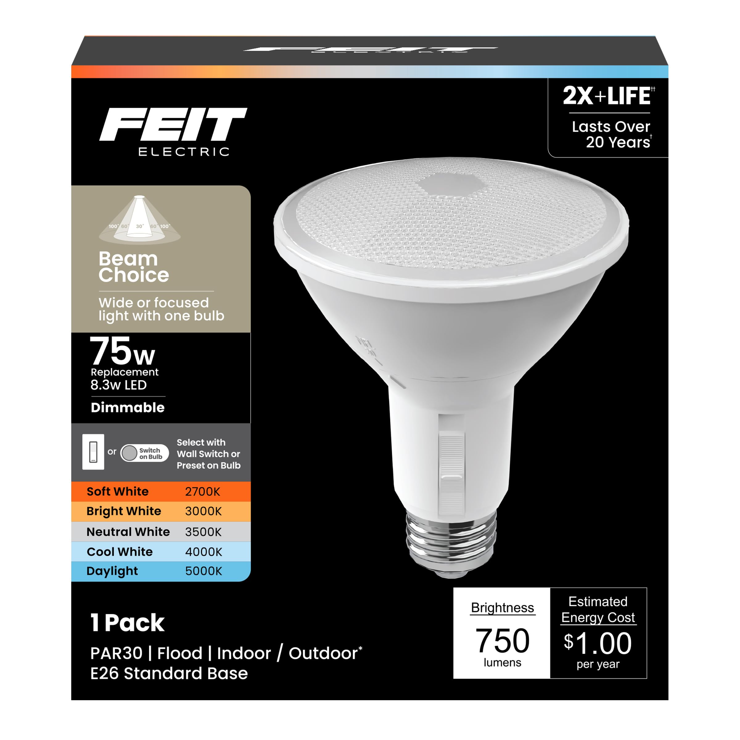 Feit Electric Par30 Led Reflector Light, 75W Equivalent, Dimmable, Adjustable Beam, Adjustable White (2700K-5000K), 90+ Cri, Ind