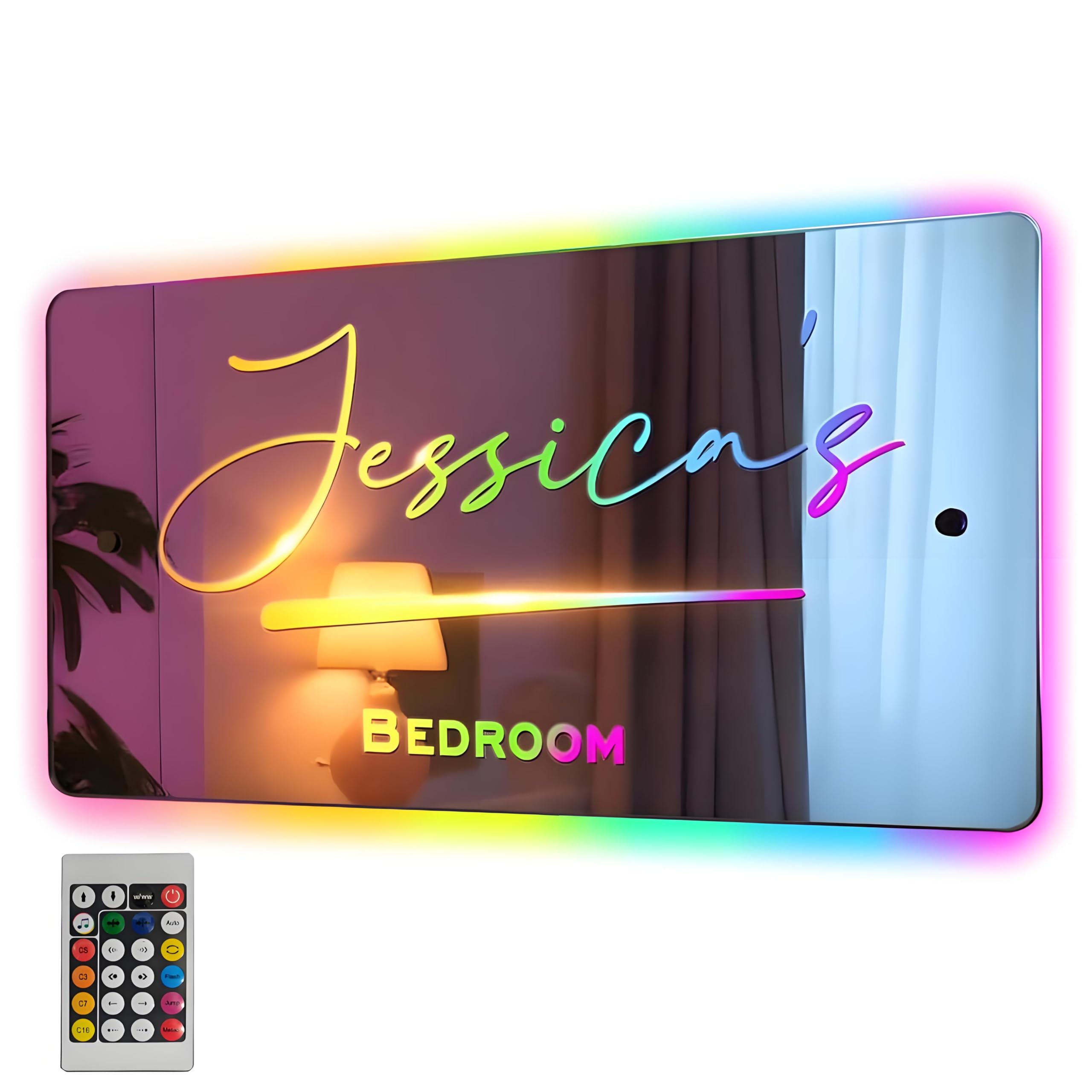 ROSLILY Personalized Name Mirror with LED Light for Girls Room Decor, Custom Light Up Name Mirror Neon Sign for Wall, Remote Con