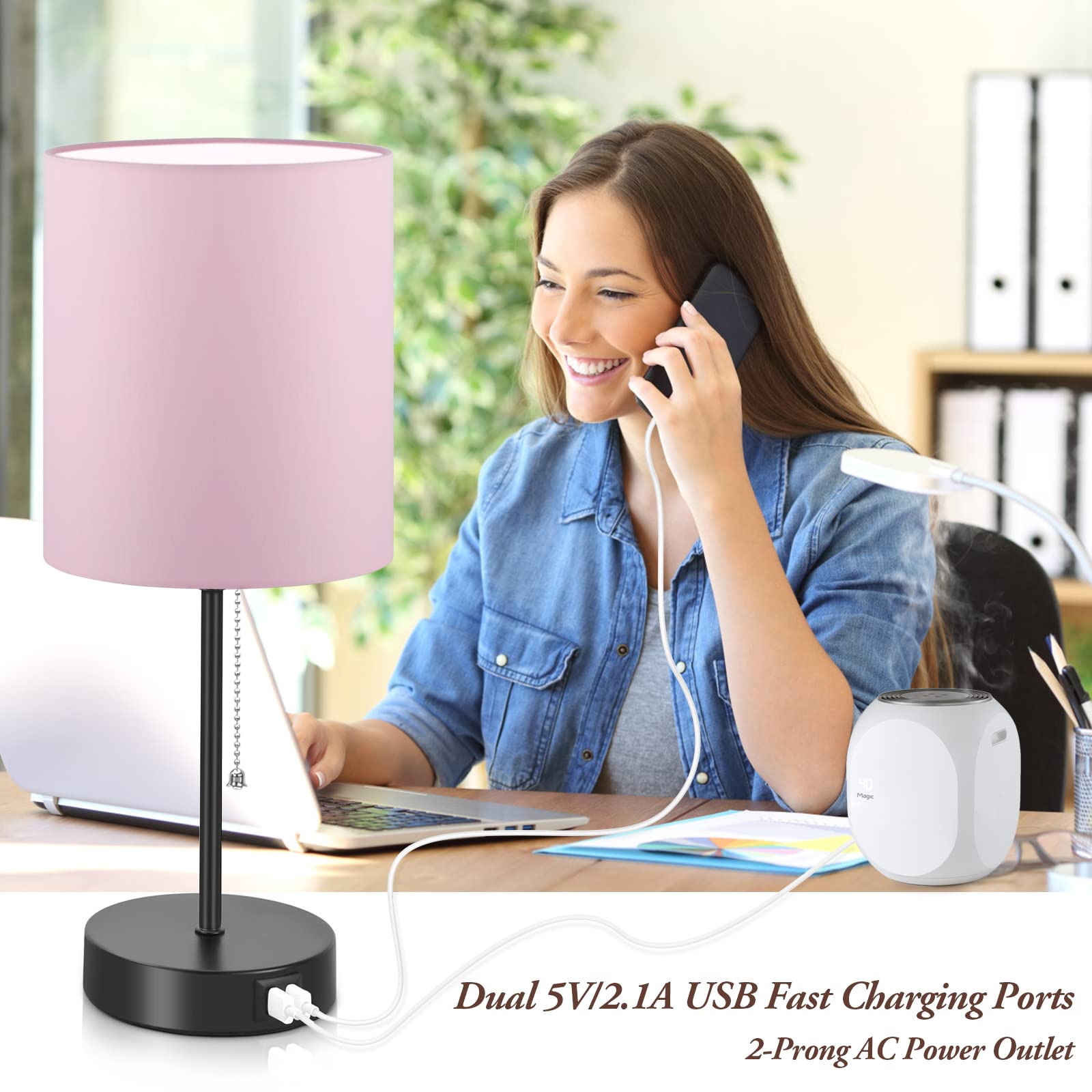 Table Lamps Set Of 2 With Usb Charging Ports, Pink Bedside Lamps With Ac Outlet, Nightstand Lamps With Pull Chain Switch, Minima