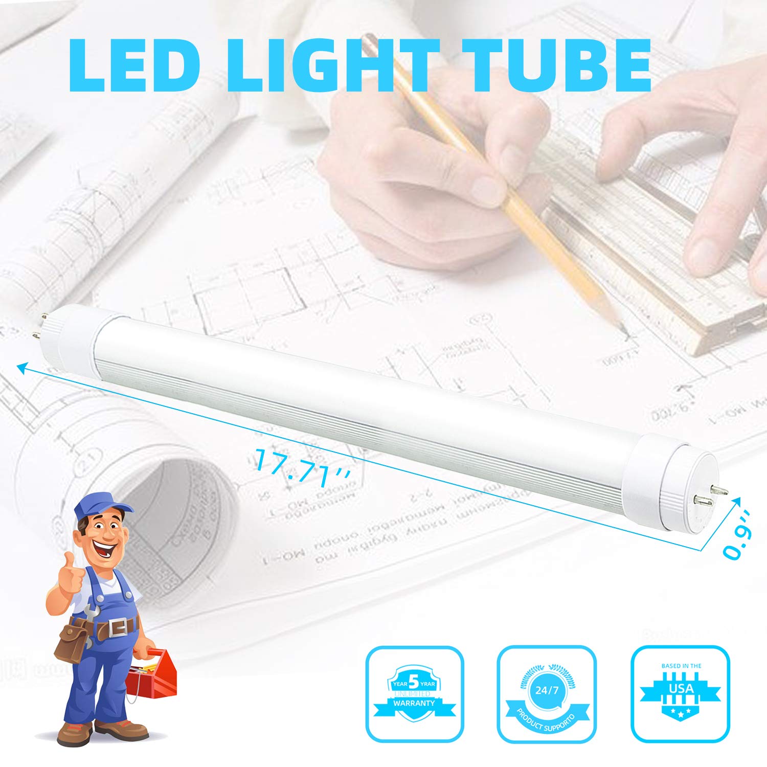 F15T8 Led Tube Light,7W 18Inch/18 Length, 5000K Daylight White, T8 Led Replacement Tube Light, Rotatable End Caps,Frosted Cover,