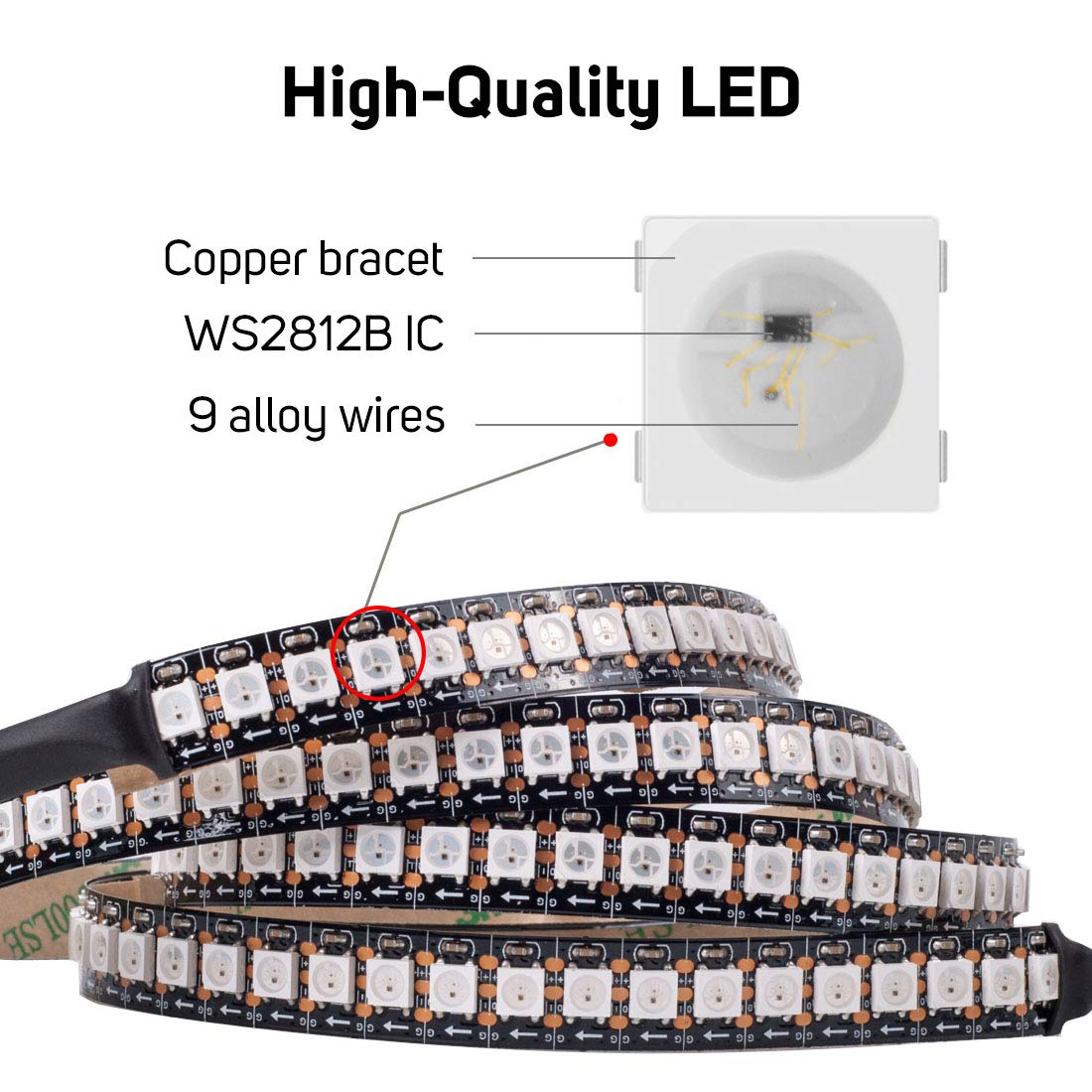 BTF-LIGHTING WS2812B LED Strip, 3.2FT 144 LED, Black FPCB, Chasing Effects, IP30, Model WS2812B1M144LB