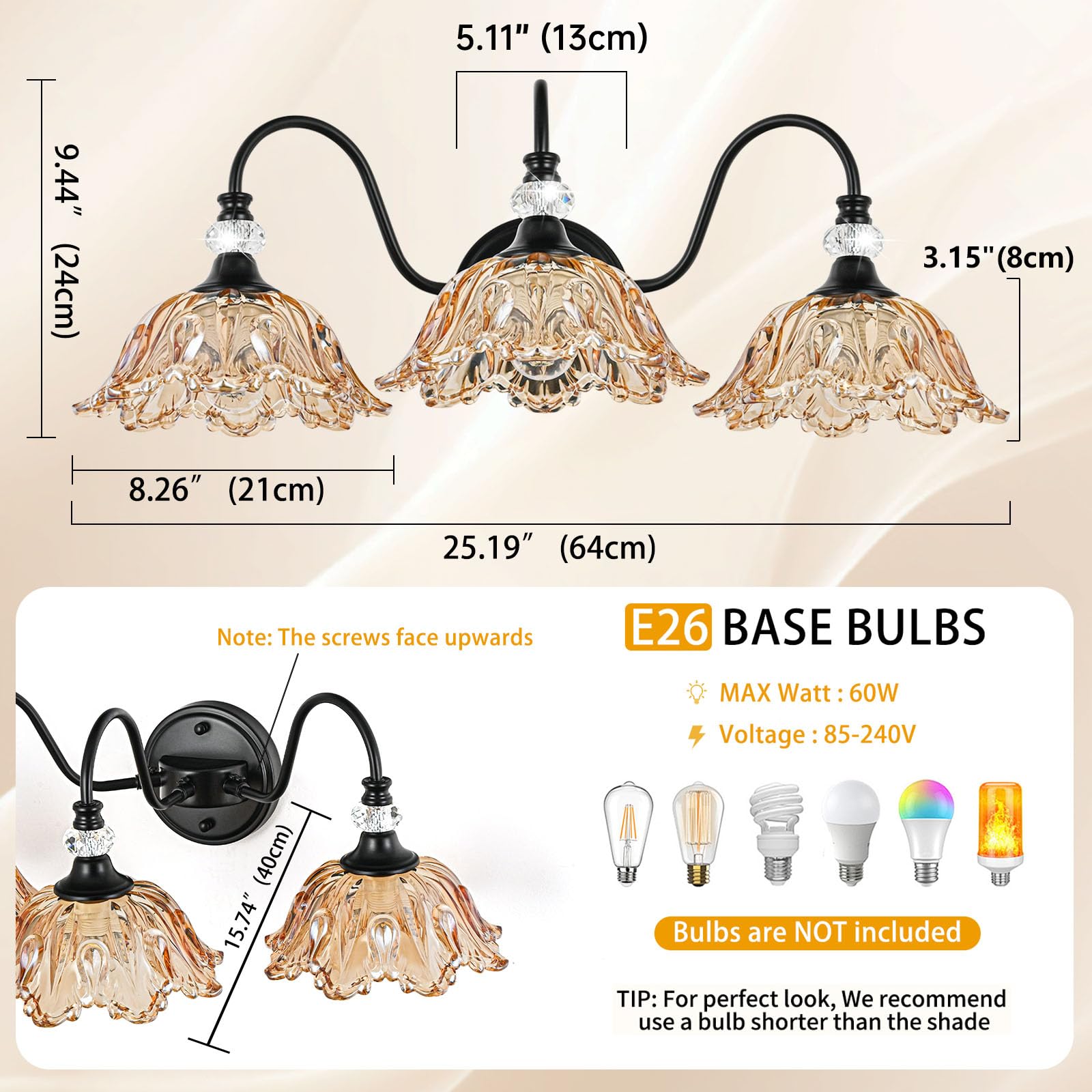 sunkryster 3-Light Bathroom Vanity Light, Black & Amber Floral Glass Shades, Vintage Farmhouse Wall Mount, Model Sun-104AB-3-Black-Amber