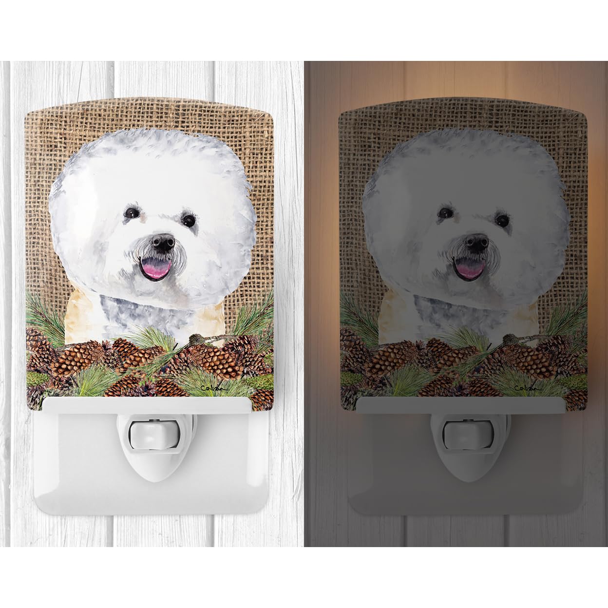 Caroline'S Treasures Sc9047Cnl Bichon Frise Faux Burlap And Pine Cones Ceramic Night Light Compact, Ul-Certified, Ideal For Bedroom, Bathroom, Nursery, Hallway, Kitchen, 6X4X3, Multicolor
