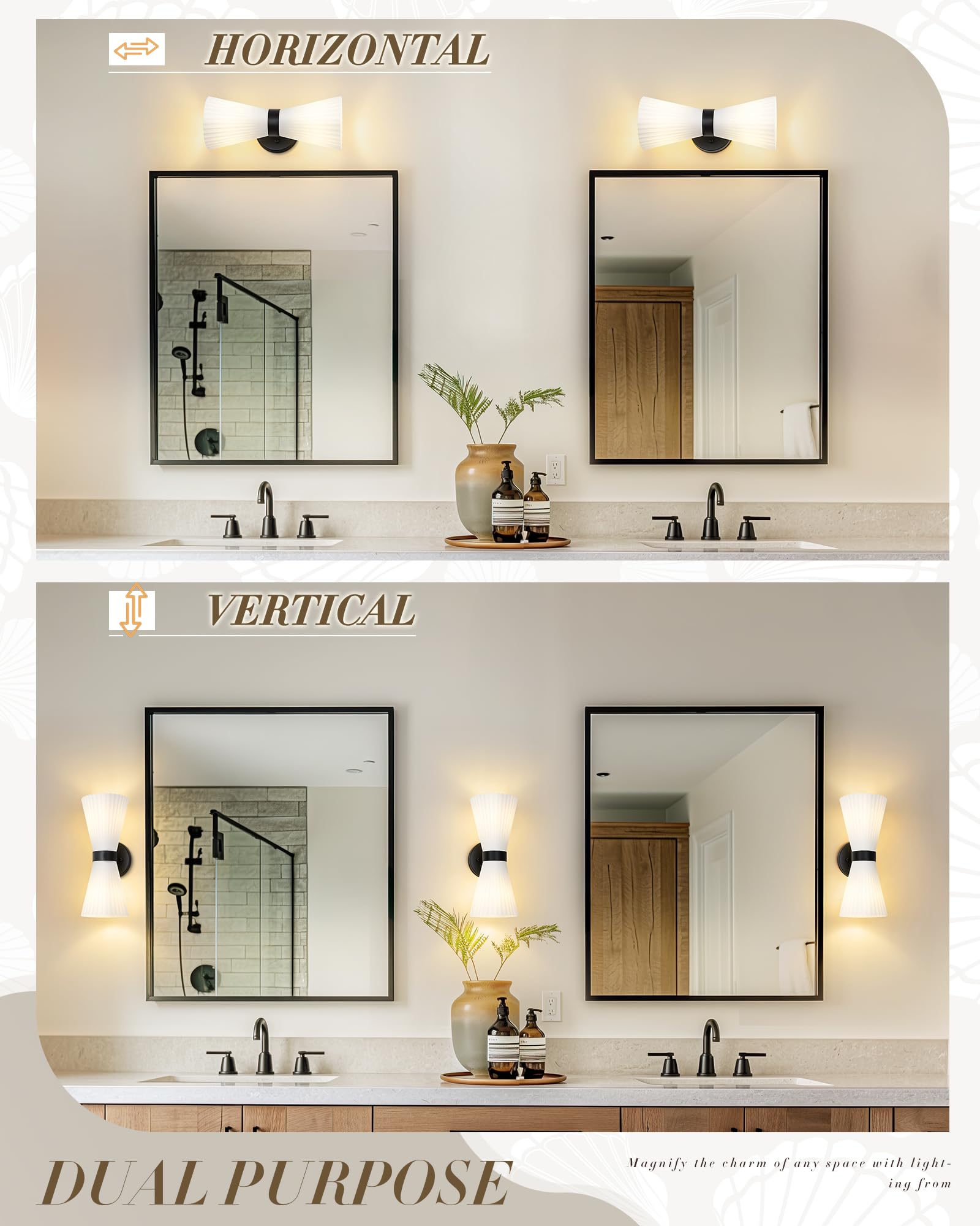 Modern Black Wall Sconce  Hwh Up And Down Indoor Sconces Wall Lighting With Frosted Milk White Striped Glass Shade  Hardwired Wall Mounted Vanity Lamp For Bathroom  5Hzg97B-2W Bk