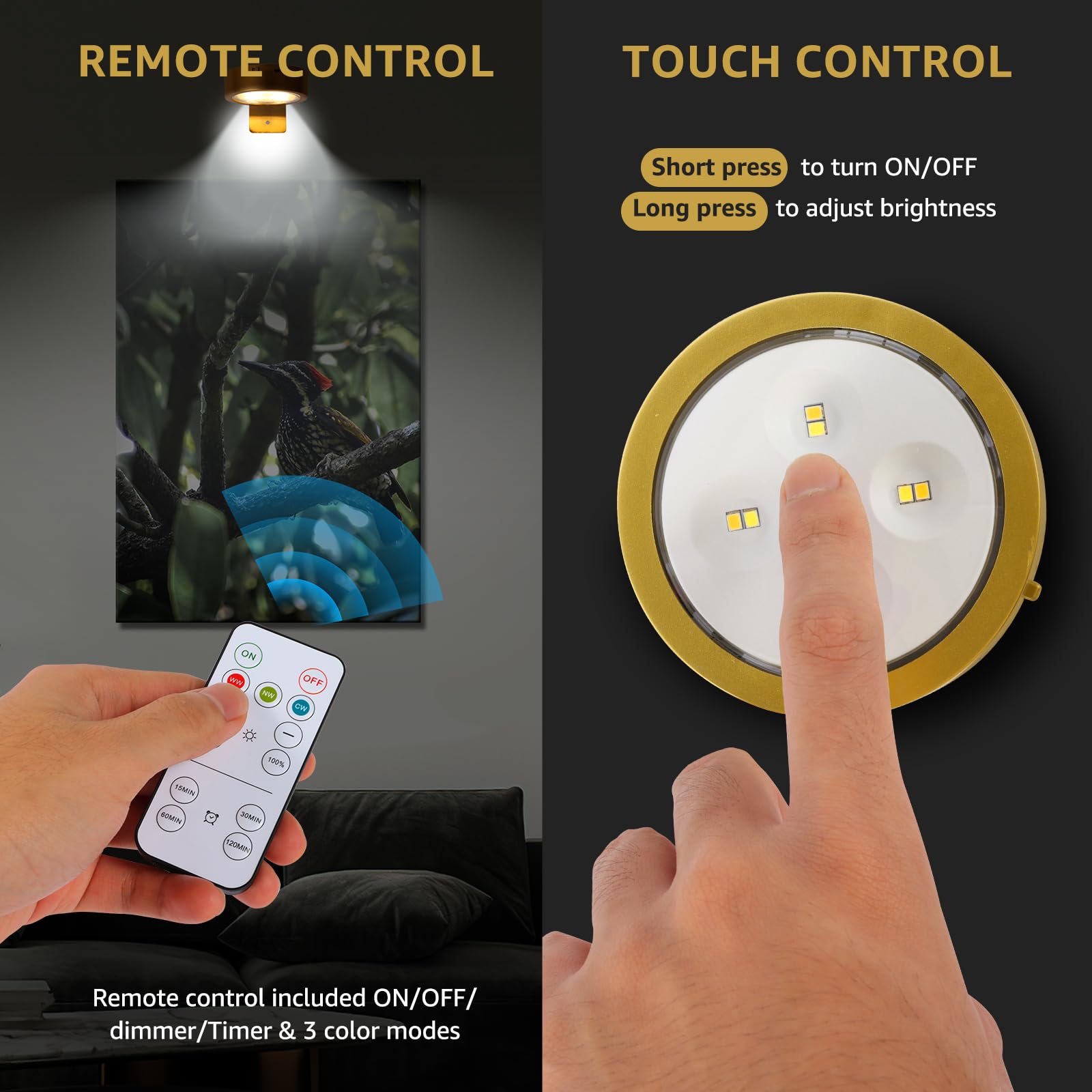 3-Pack Picture Lights For Wall, Rechargeable Battery Operated Painting Light With Remote Control Dimmable And Timer, 3 Lighting