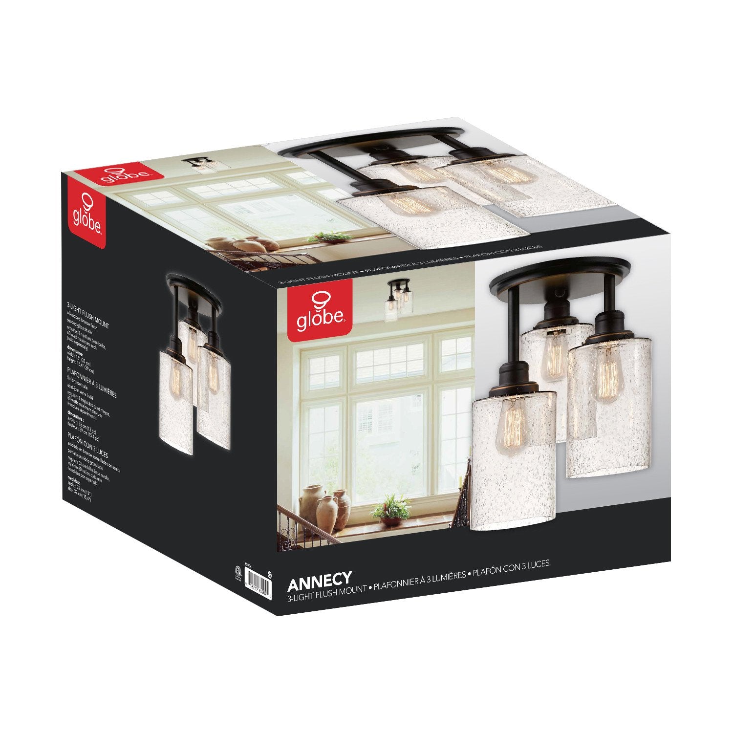 Globe Electric 65904 3-Light Ceiling Light Fixture, Oil-Rubbed Bronze, Metal, 15.4in with Seeded Glass Shades, Ideal for Kitchen, Bathroom, Bedroom