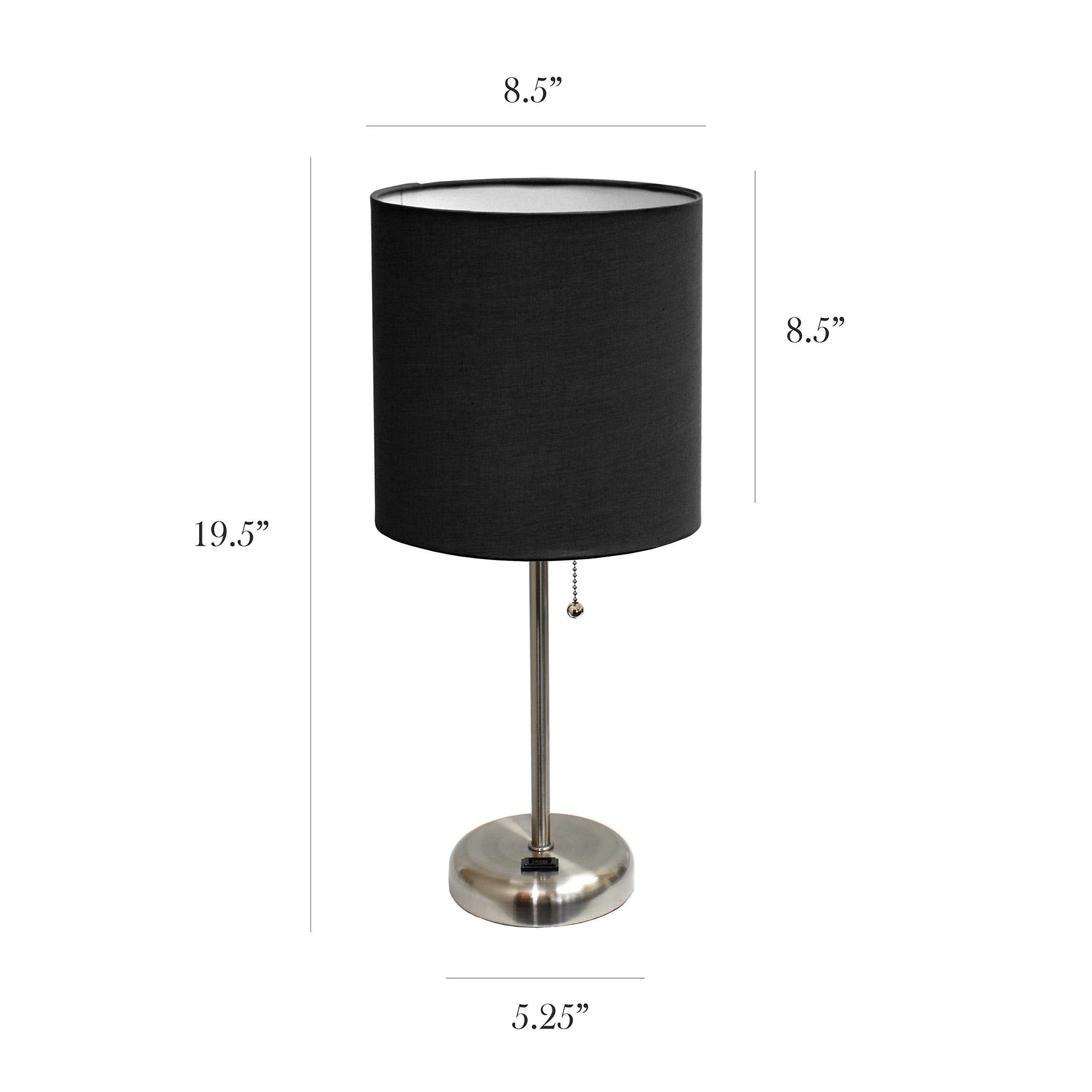 Simple Designs Lc2001-Blk-2Pk Brushed Steel Stick Table Lamp Set With Charging Outlet And Black Fabric Shades, 2 Pack Set