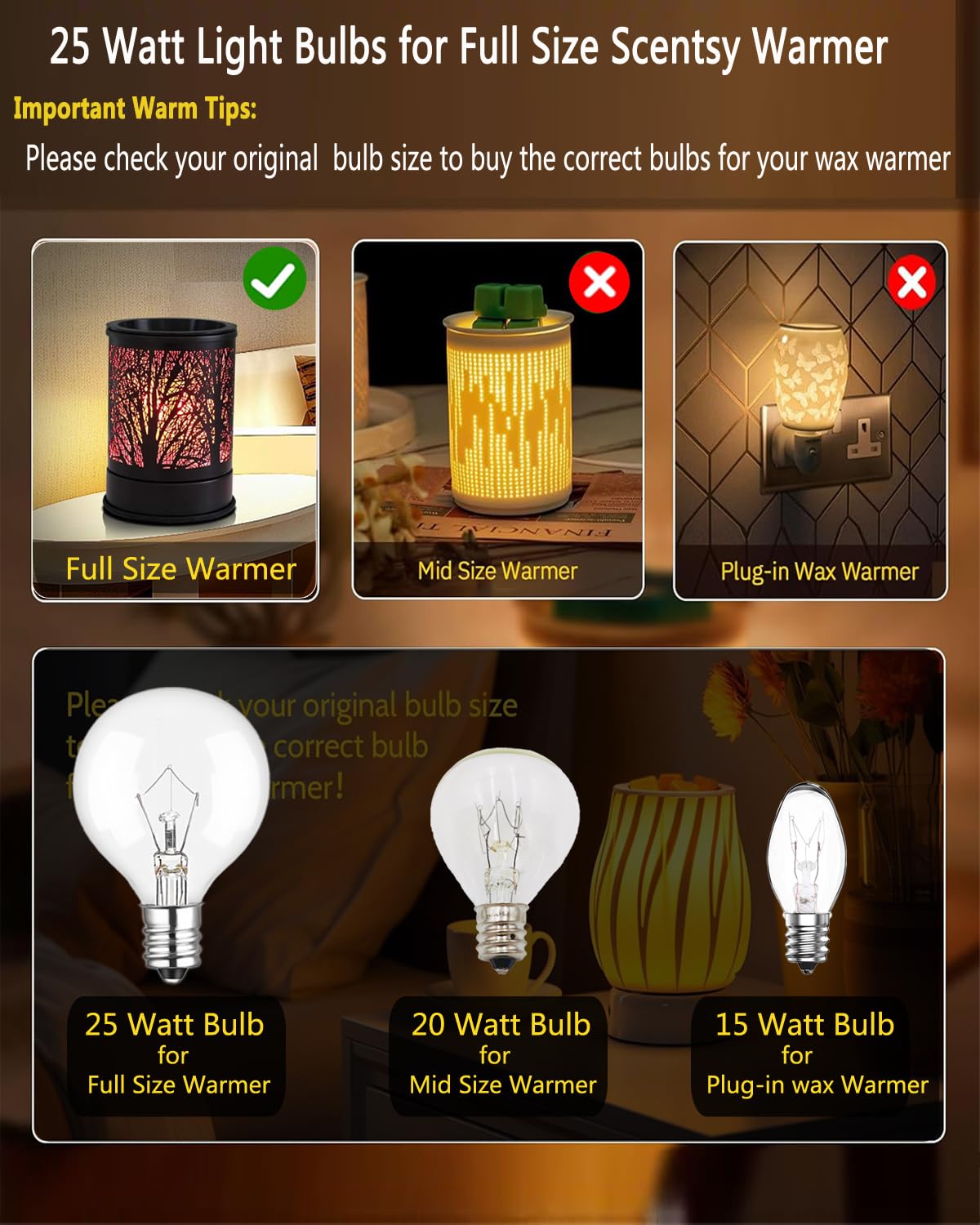 Snnalosses 25 Watt Wax Warmer Bulbs,Light Bulbs For Full Size Scentsy Warmer & Candle Wax Warmer,Long Life-Span And Melt Wax Fast Warming Bulbs,120 V/E12 Type G Bulb,Dimmable, Warm White,6 Packs