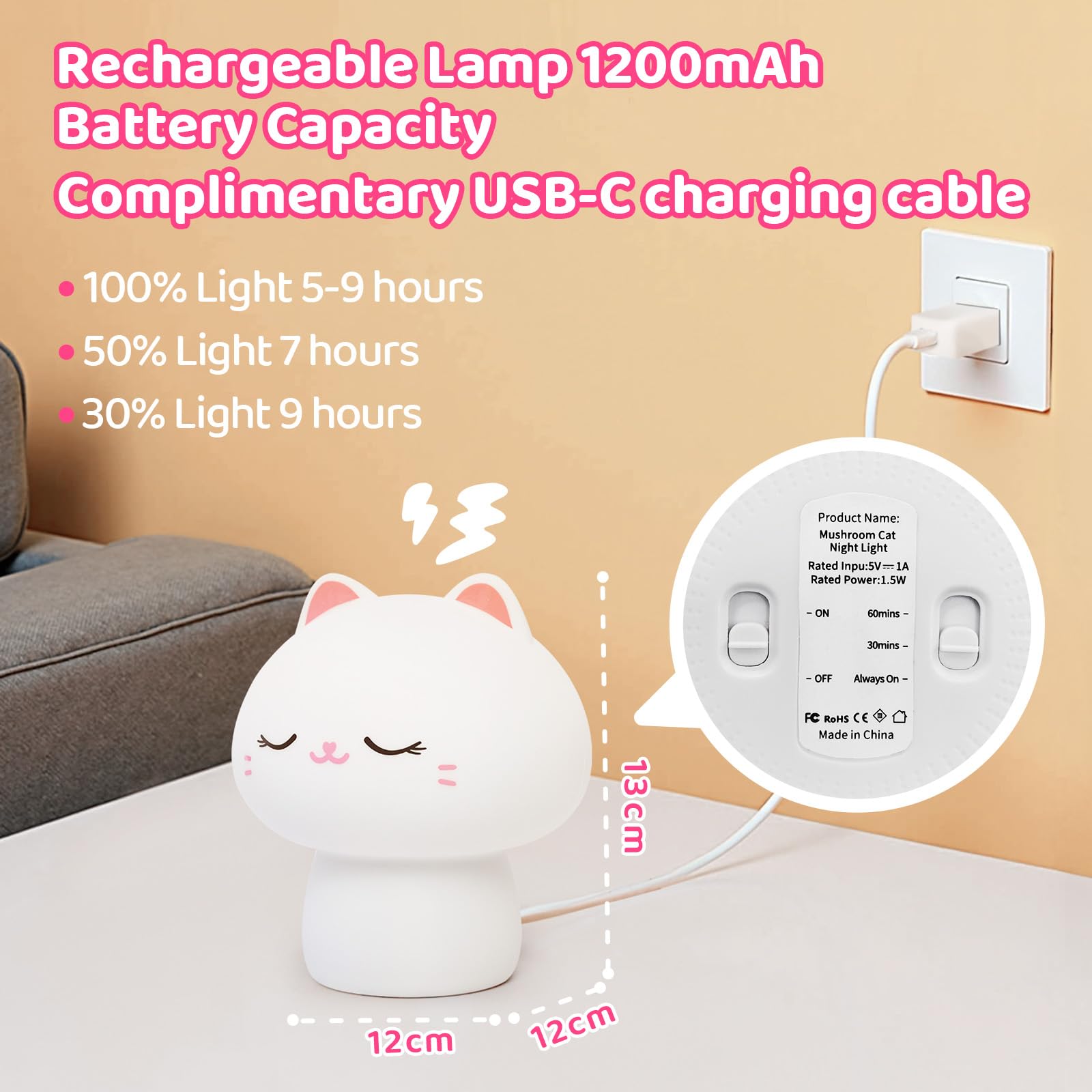 Caaaat Cat Night Light for Kids-10 Colors Cute Lamp, 1200 mAh Dimmable Lamp, Silicone Kids Night Light, Nightlight for Toddler T