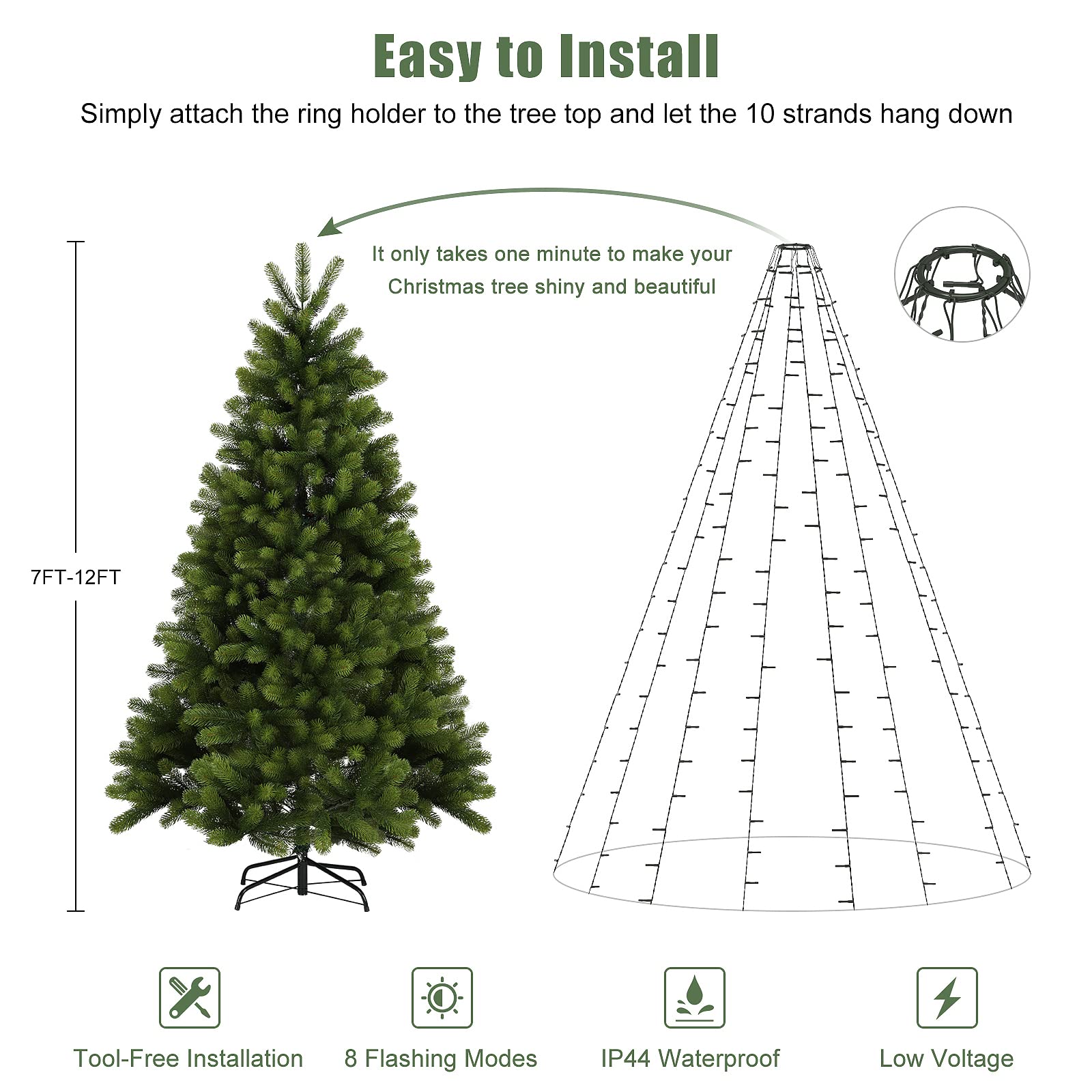 Salcar Christmas Tree Lights, 9Ft X10Strands Easy To Install Christmas Lights With 8 Modes Memory Timer Function, 350Leds Ul Cer