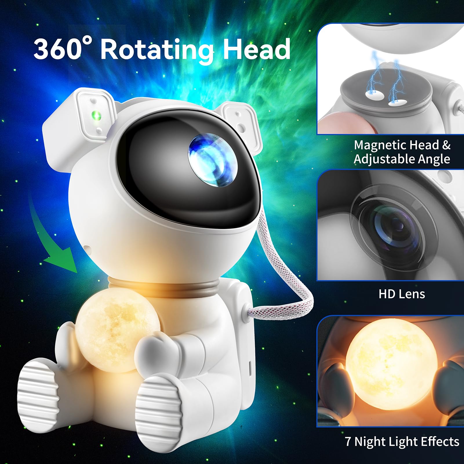 Aoshet Astronaut Galaxy Projector Light, 2-in-1 with Remote Control, Adjustable 360°, White, Model K970